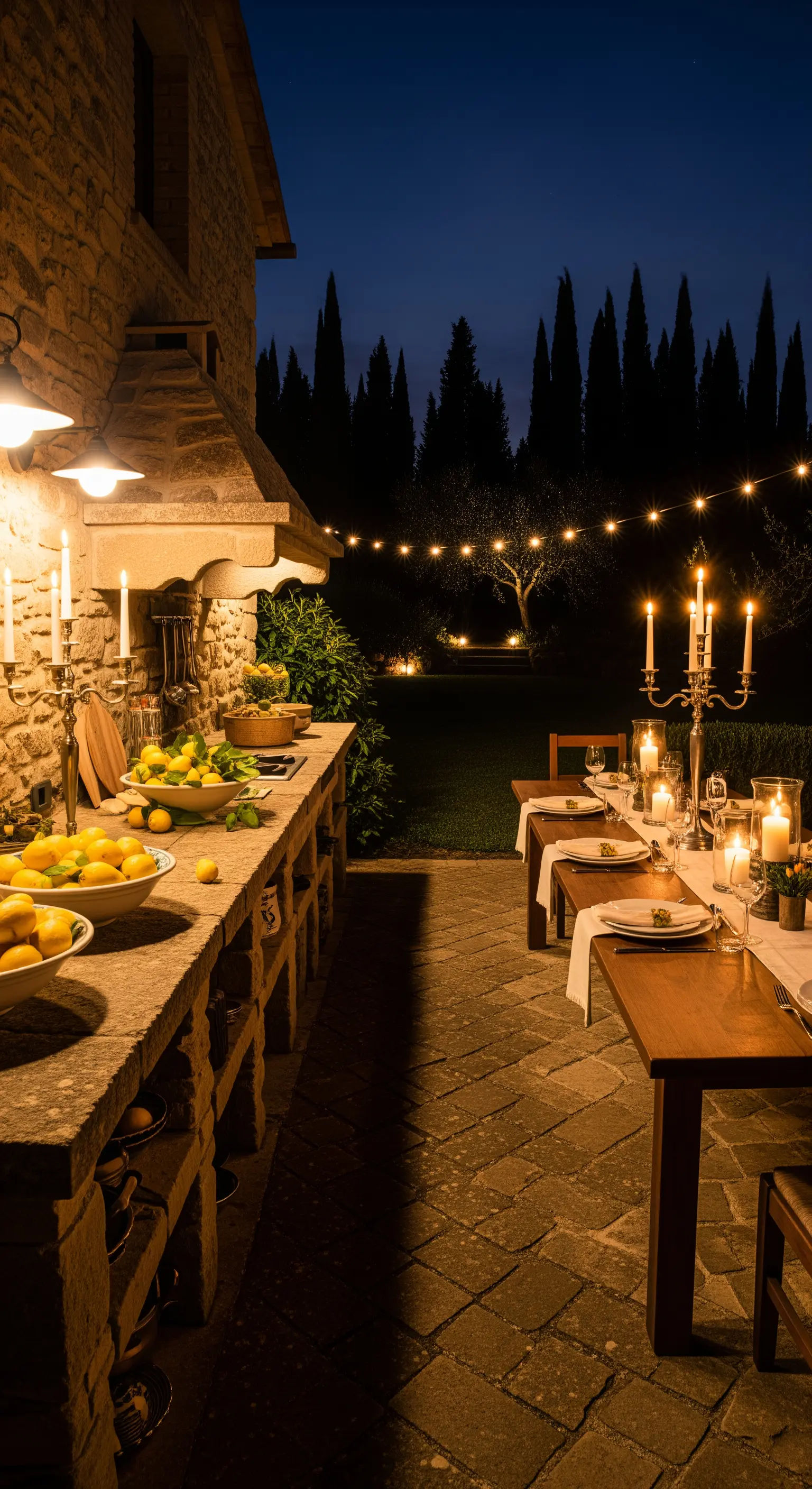 Outdoor-Küche mit Zitronen und Kerzenleuchtern, angrenzender Esstisch mit Lichterkette