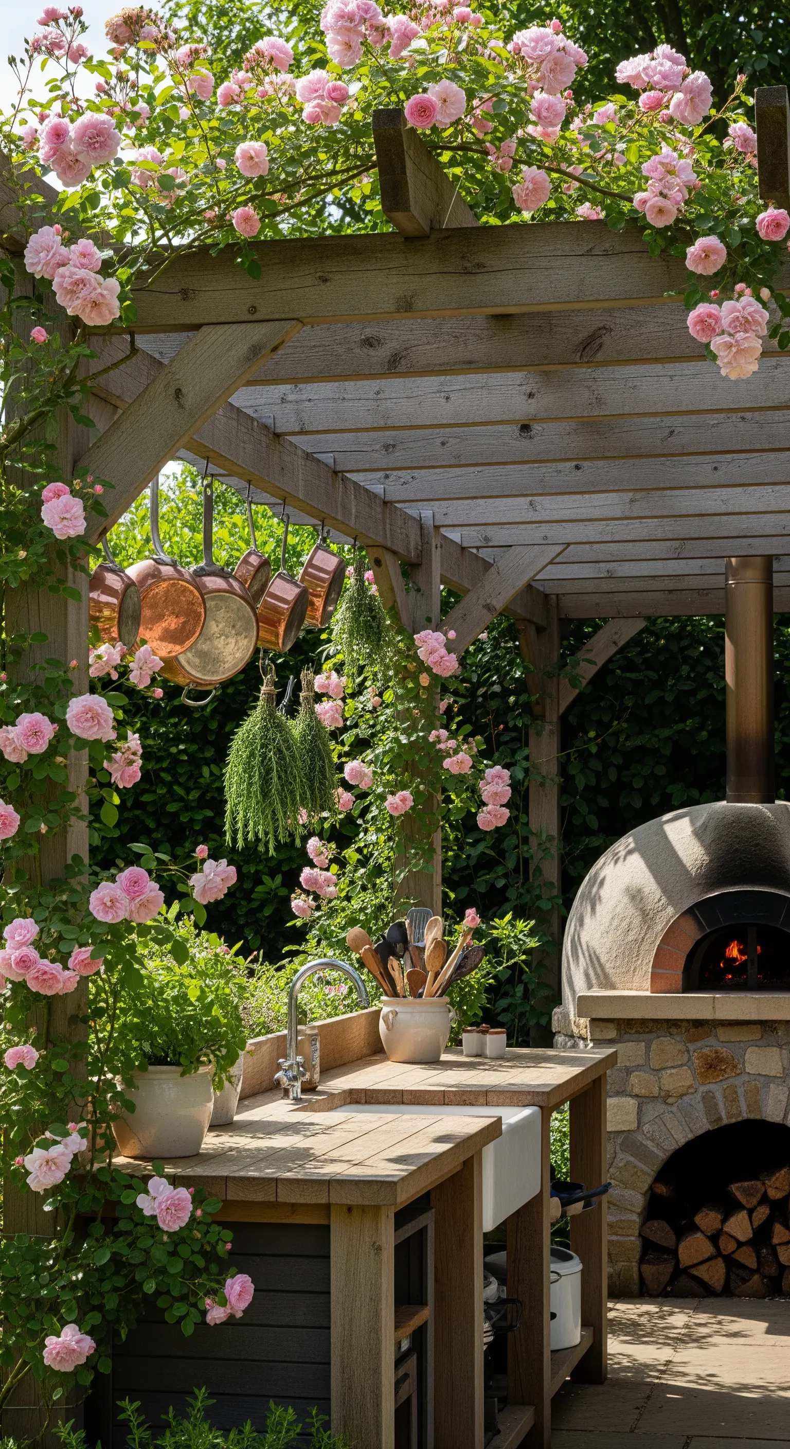 Holzpergola mit rosa Kletterrosen über einer Outdoor-Küche mit Pizzaofen und Kupfertöpfen