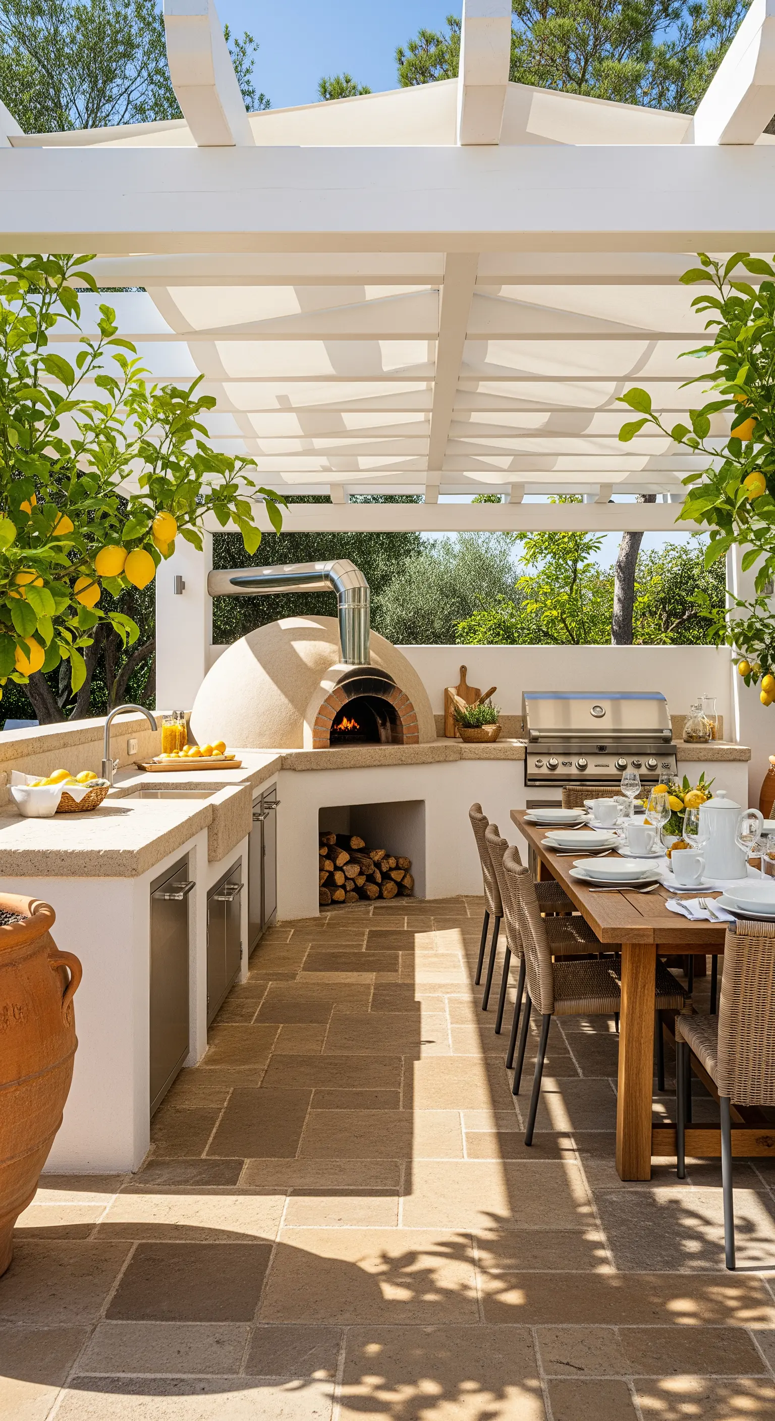 Außenküche mit Pizzaofen, Pergola und blühenden Zitronenbäumen