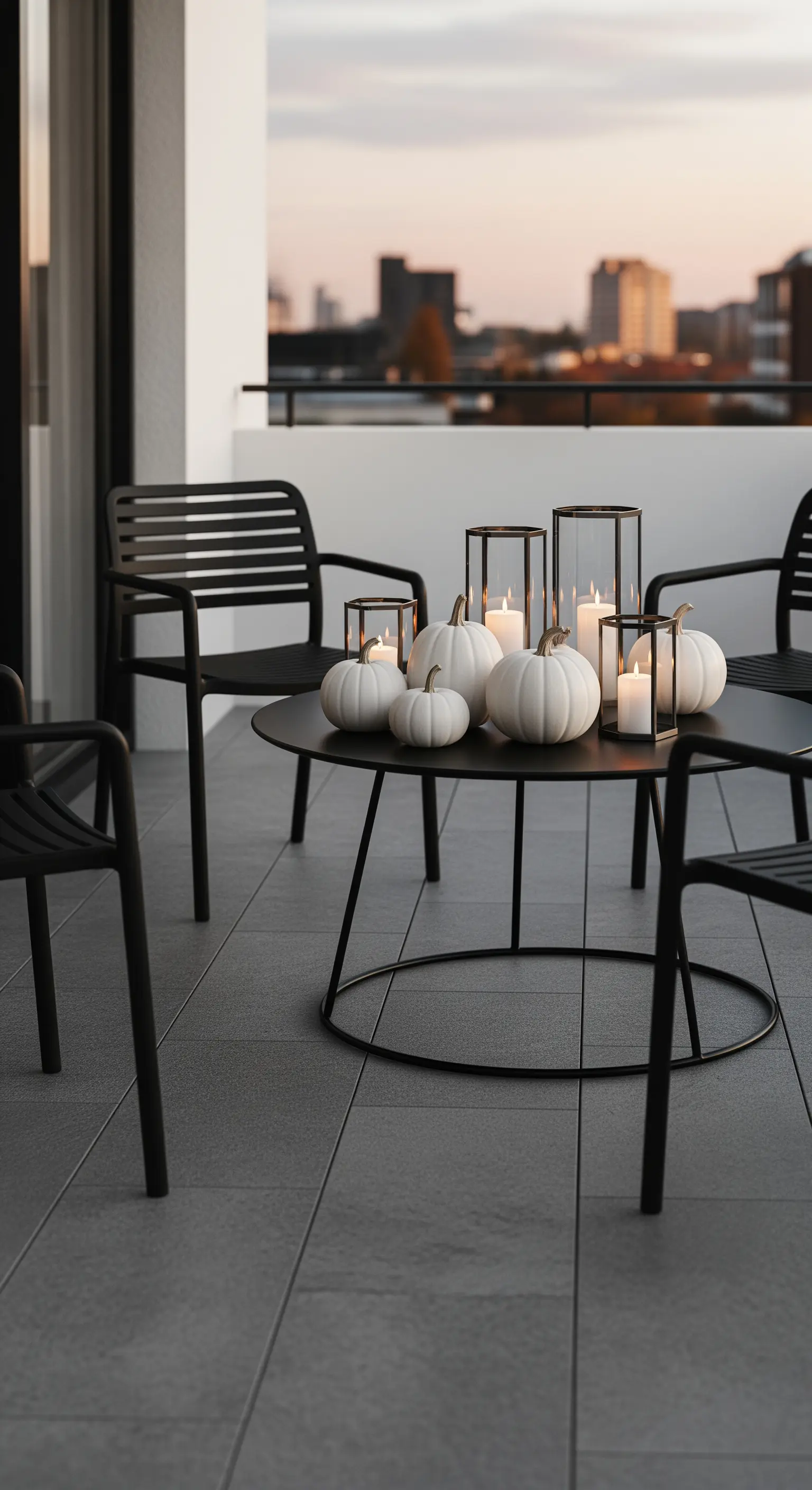 Balkon mit schwarzem Tisch, weißen Kürbissen und Windlichtern für Herbstabende