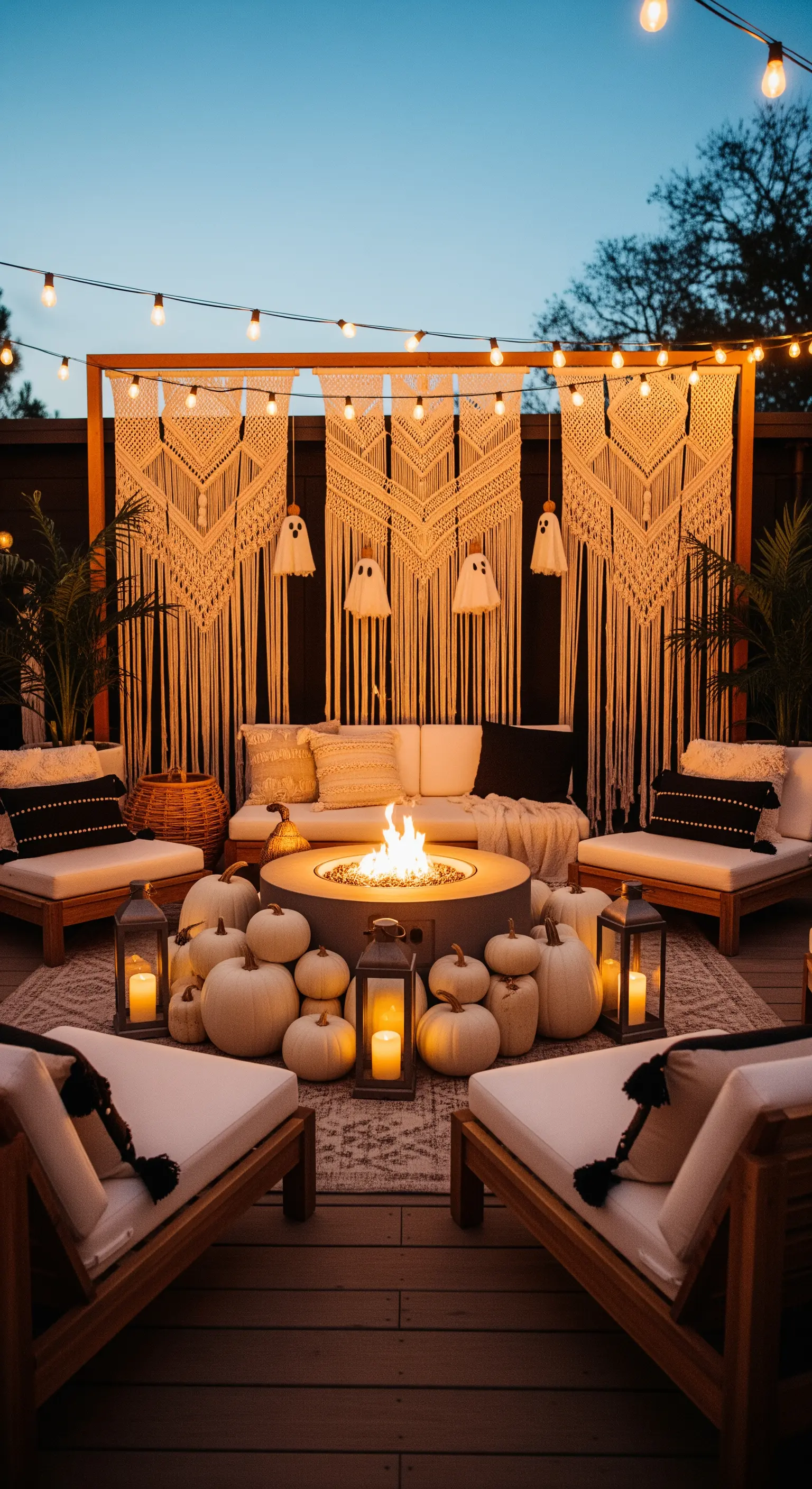 Outdoor-Lounge mit Feuerstelle, weißen Kürbissen, Laternen und Makramee mit Geistern.