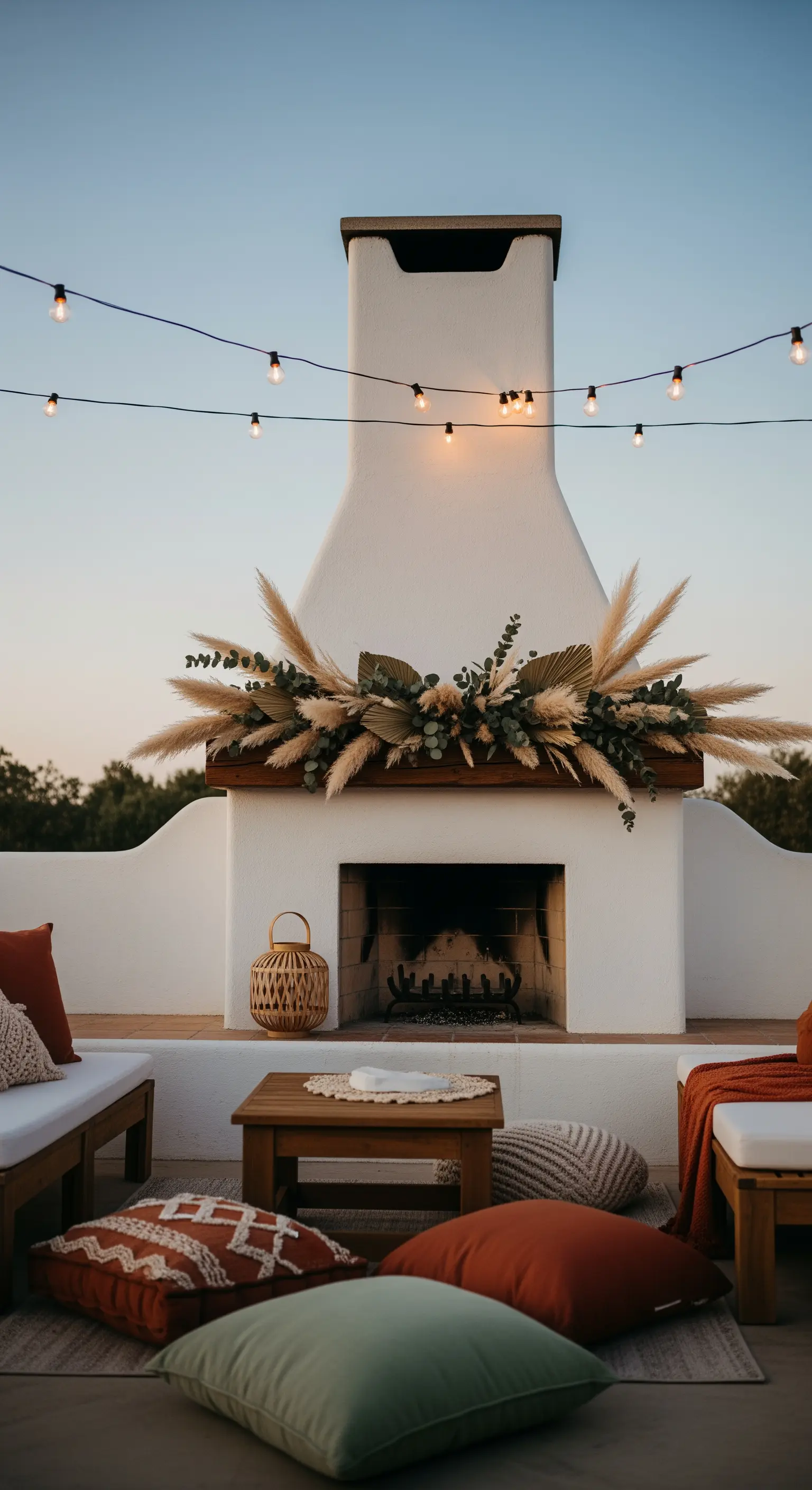 Outdoor-Kamin mit Eukalyptus-Girlande und Lichterketten