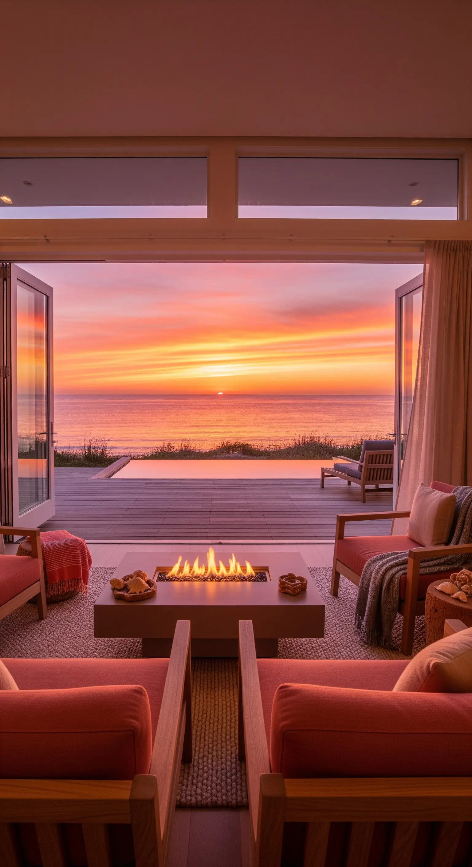 Outdoor-Lounge, Feuerstelle, Meerblick, Sonnenuntergang, Korallenfarben