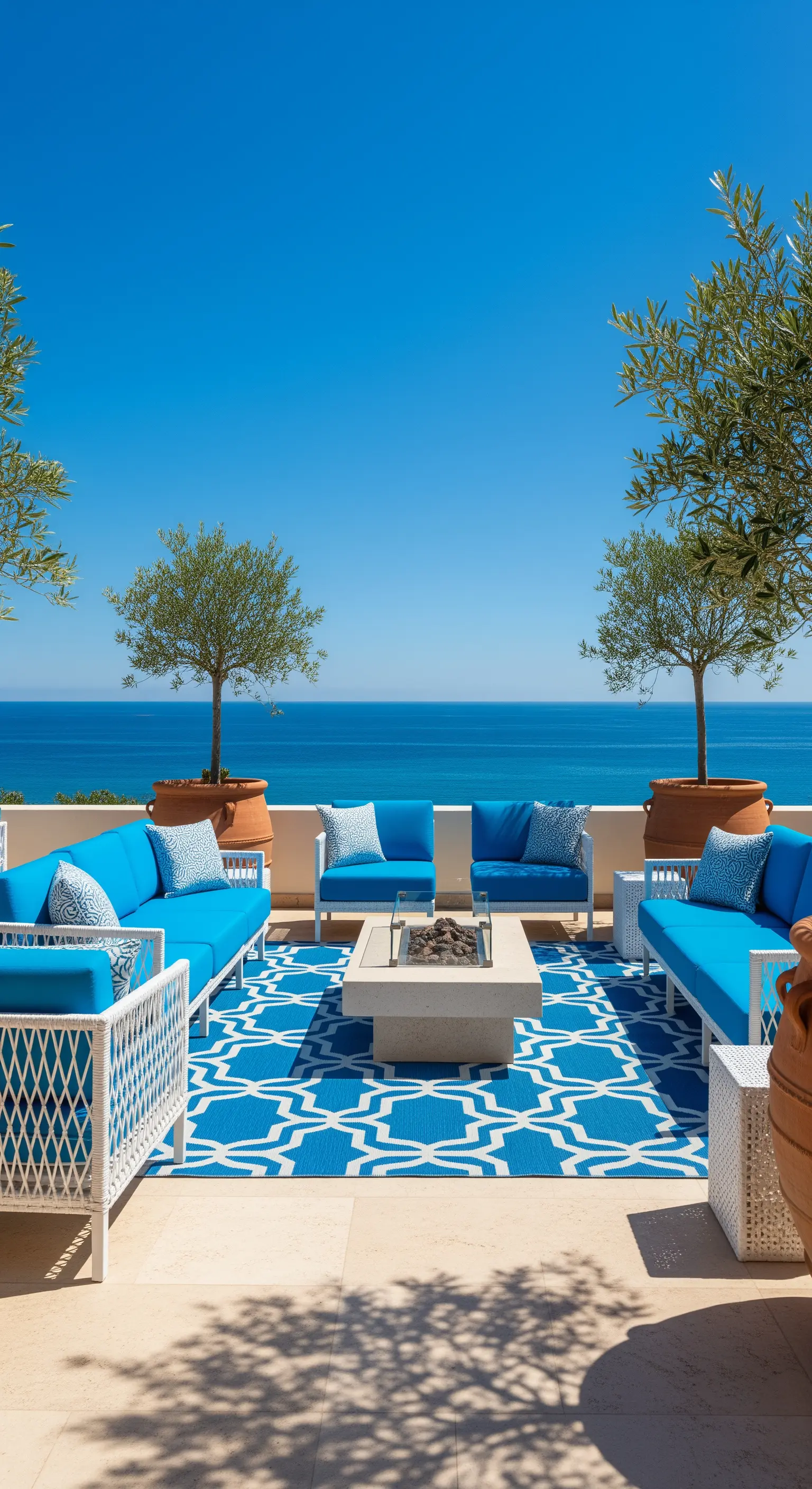 Outdoor-Lounge mit tiefblauen Sofas, Meerblick und geometrischem Teppich