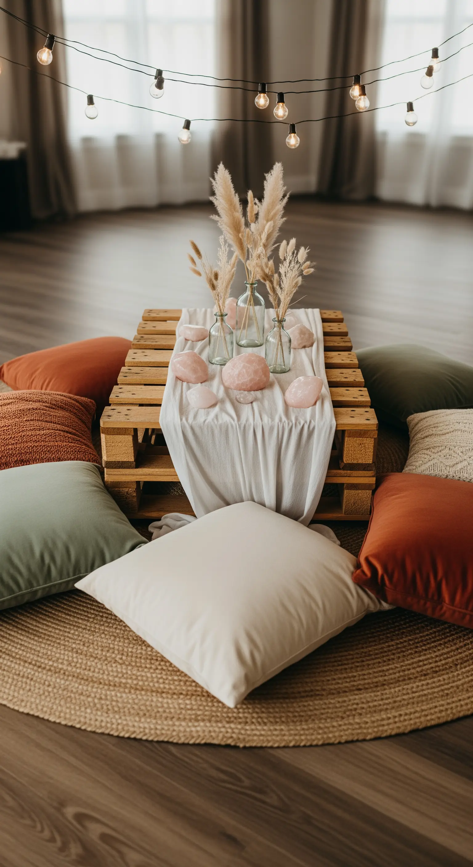 Outdoor-Lounge mit Paletten-Tisch, Bodenkissen, Pampasgras und Lichterkette