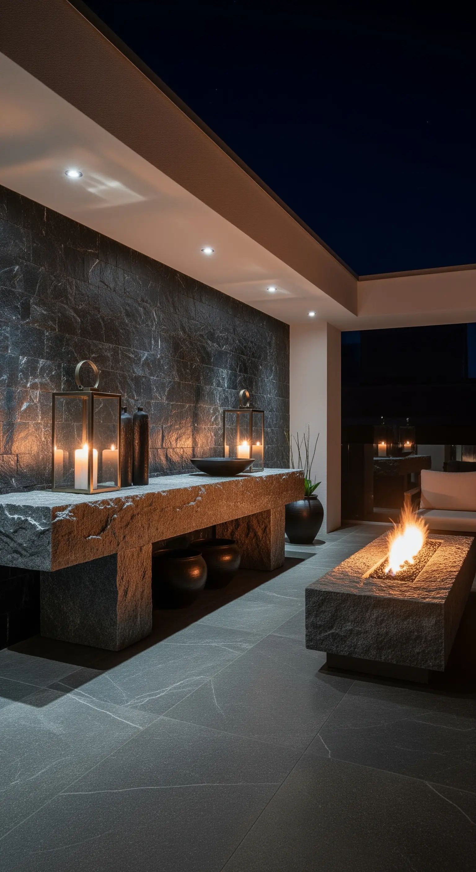 Lange Steinkonsole und Feuerstelle auf einer luxuriösen Terrasse am Abend