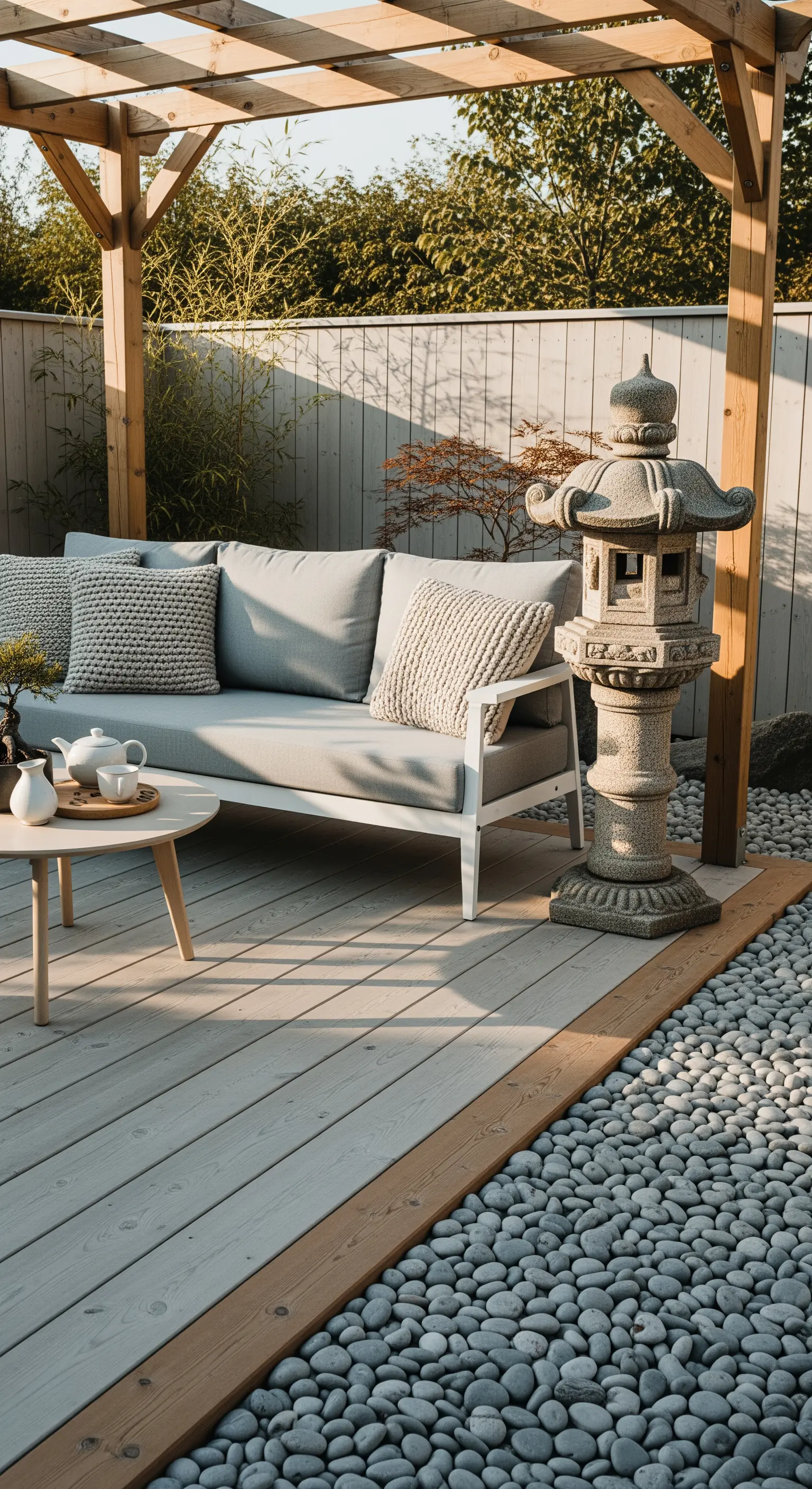 Japandi Outdoor-Lounge mit grauem Sofa, Steinlaterne, Holzdeck und Kies