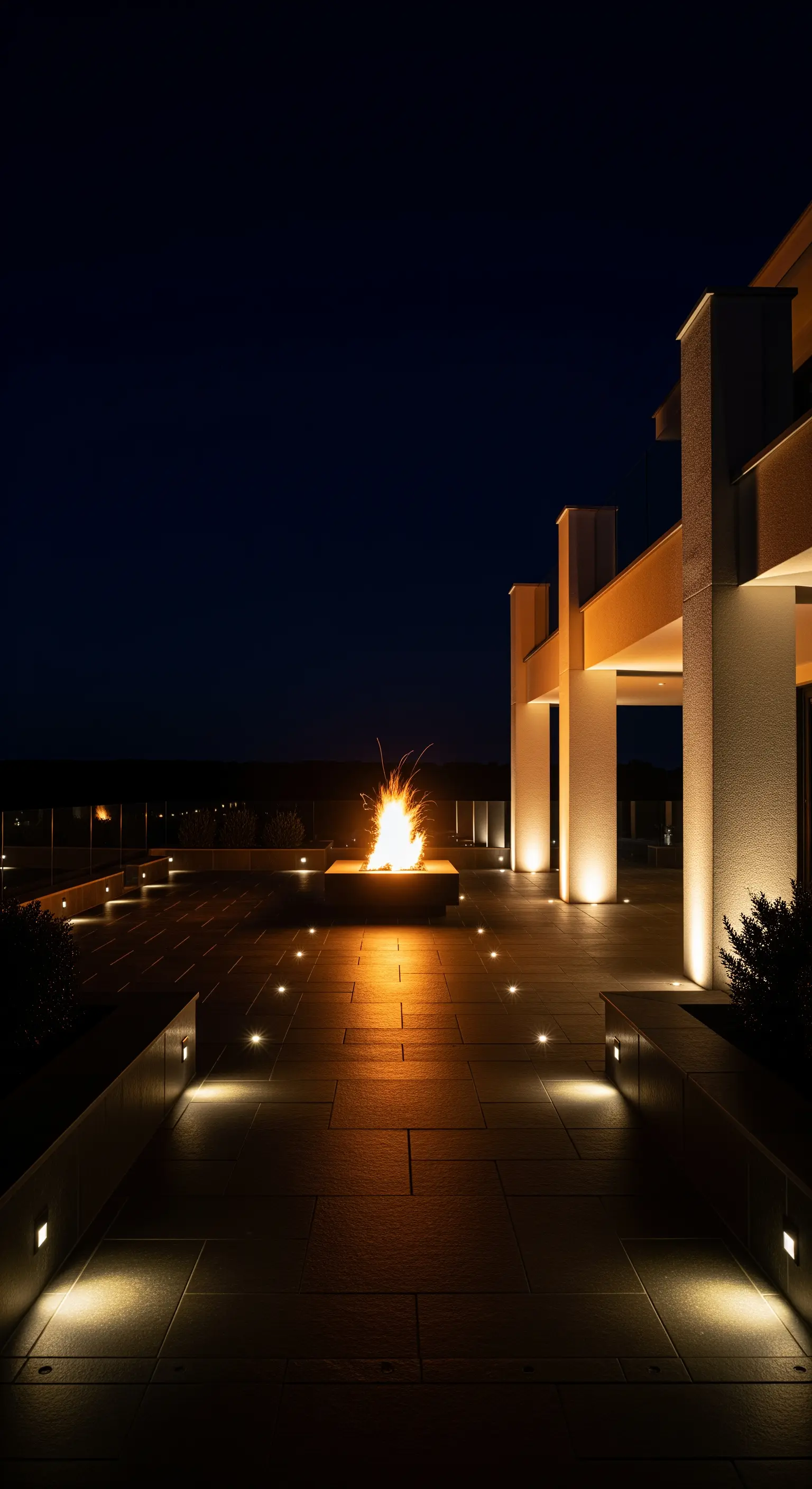 Luxuriöse Terrasse bei Nacht mit Bodenstrahlern, beleuchteter Architektur und knisterndem Feuerbecken
