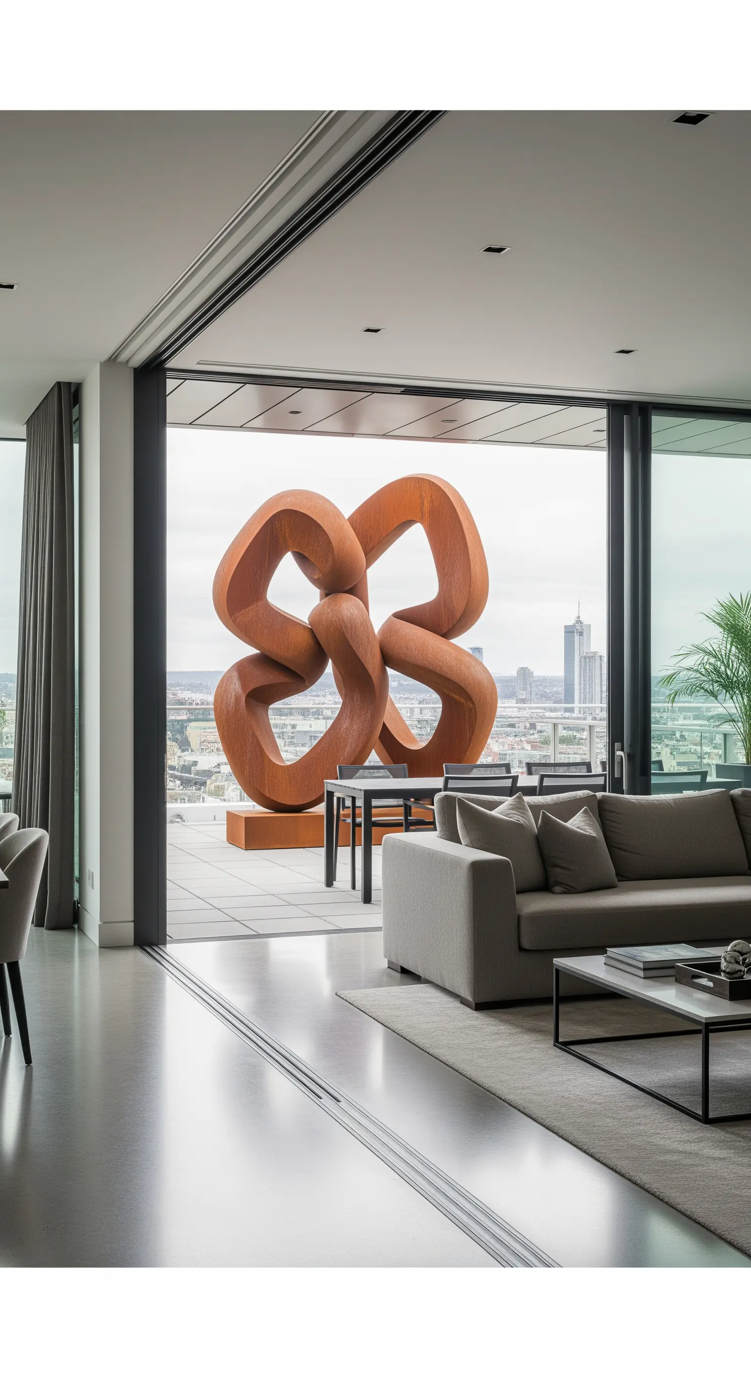 Große, rostige Metallskulptur auf einer Dachterrasse mit Blick auf die Stadt.