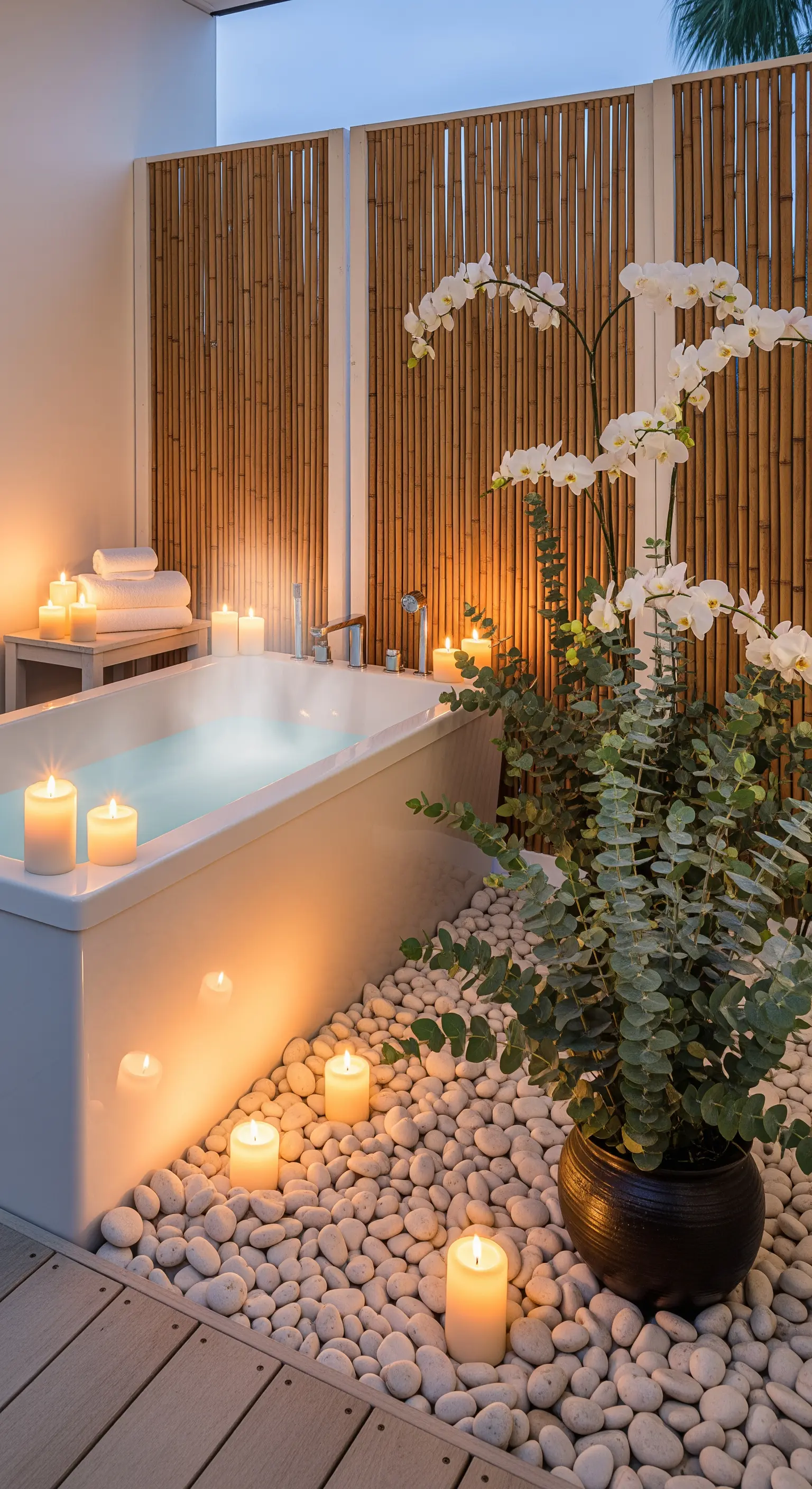 Outdoor-Wellness-Badezimmer mit Badewanne, Kerzen und Bambus-Sichtschutz