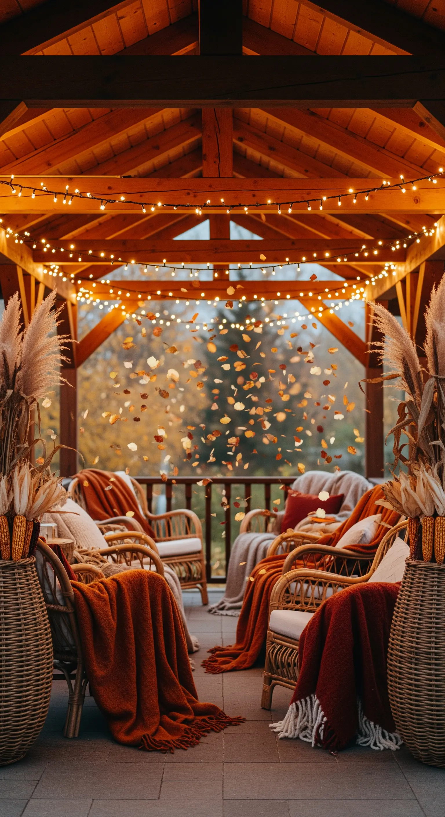 Gemütliche Terrasse, Lichterketten, Rattanmöbel, Pampasgras