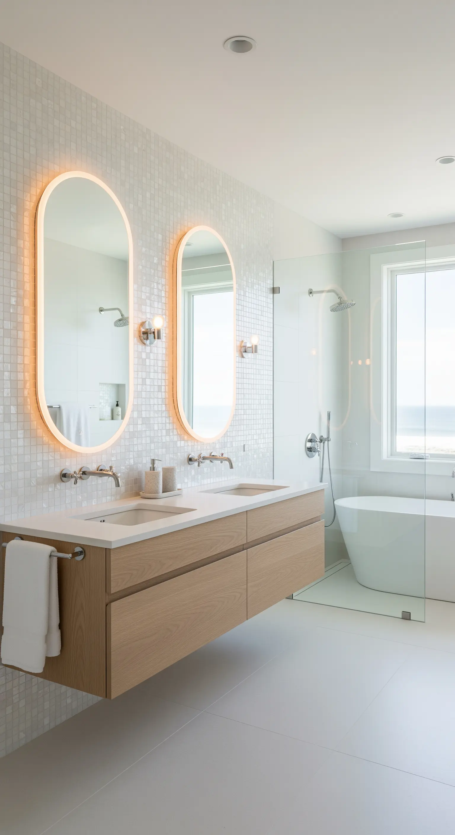 Zwei ovale LED-Spiegel mit warmem Licht hängen über einem schwebenden Doppelwaschtisch.