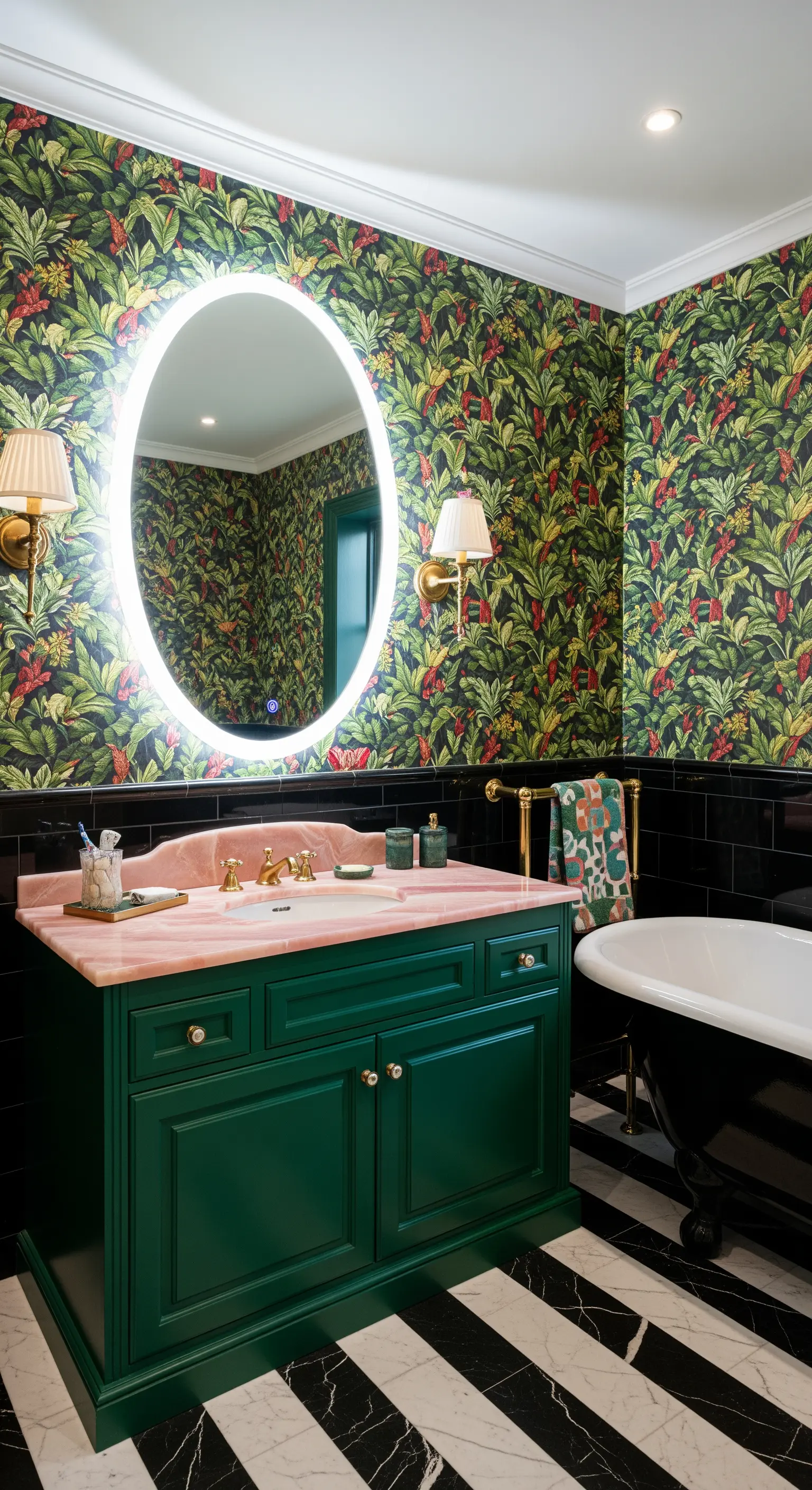 Ovaler LED-Spiegel an einer Wand mit üppiger, botanischer Tapete über einem grünen Waschtisch.