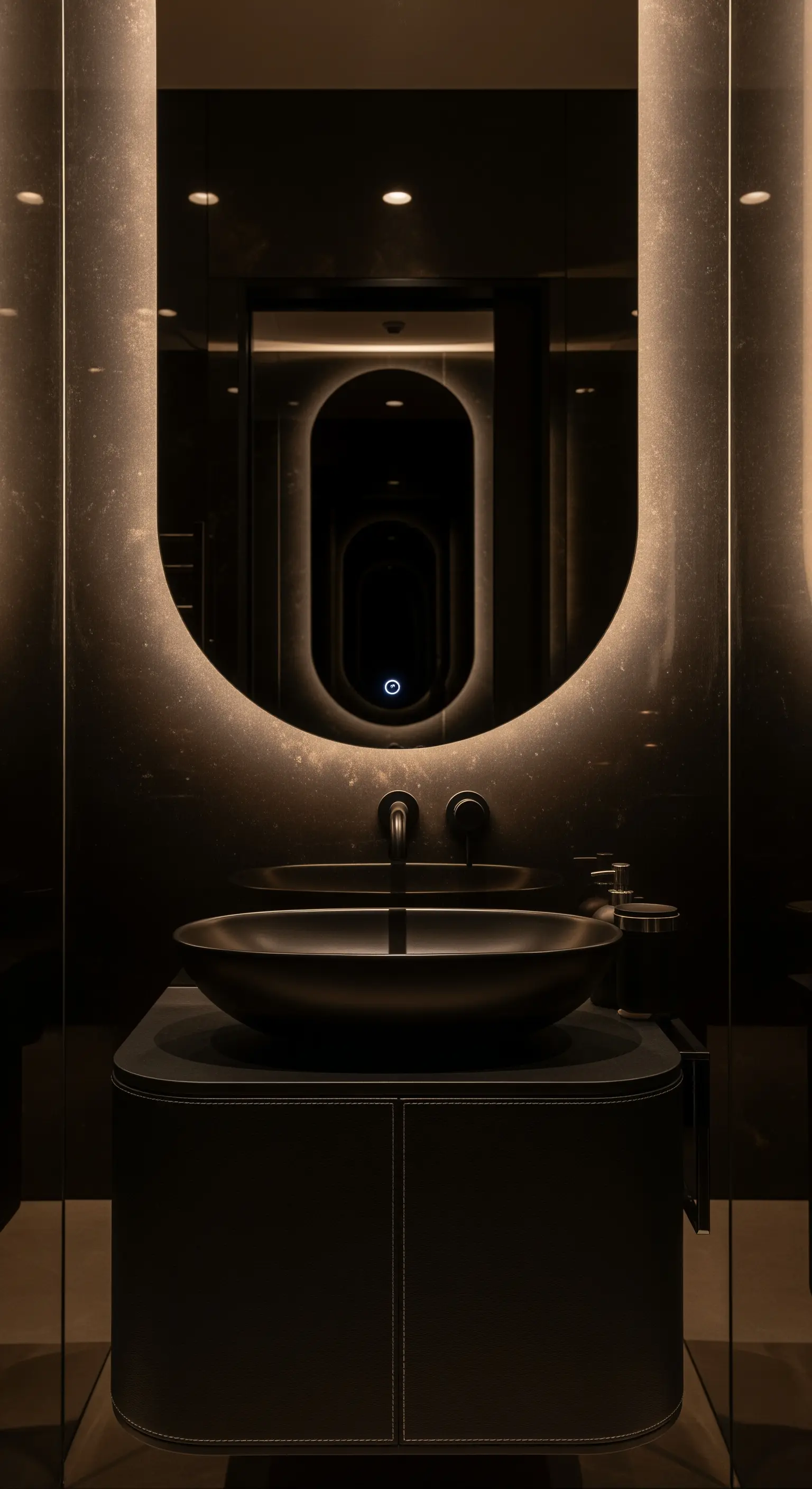 Ovaler beleuchteter Spiegel, dunkles Schalenwaschbecken, ovaler Unterschrank