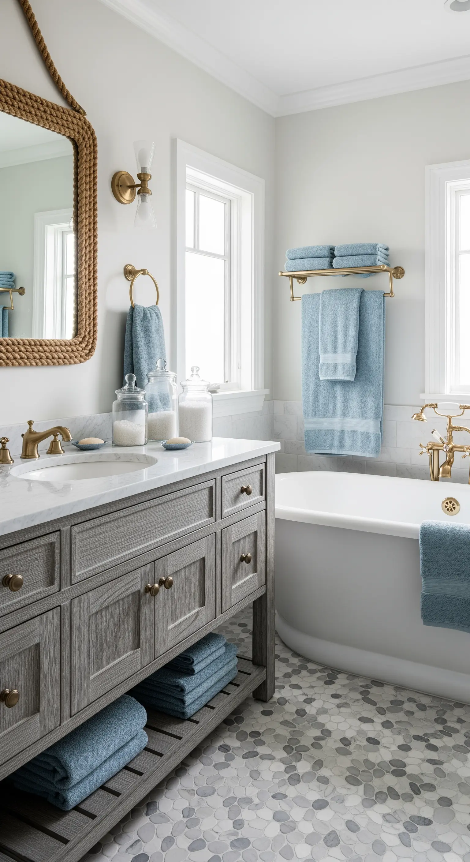 Badezimmer mit grauem Waschtisch, goldenen Armaturen, Seilspiegel und Kieselboden