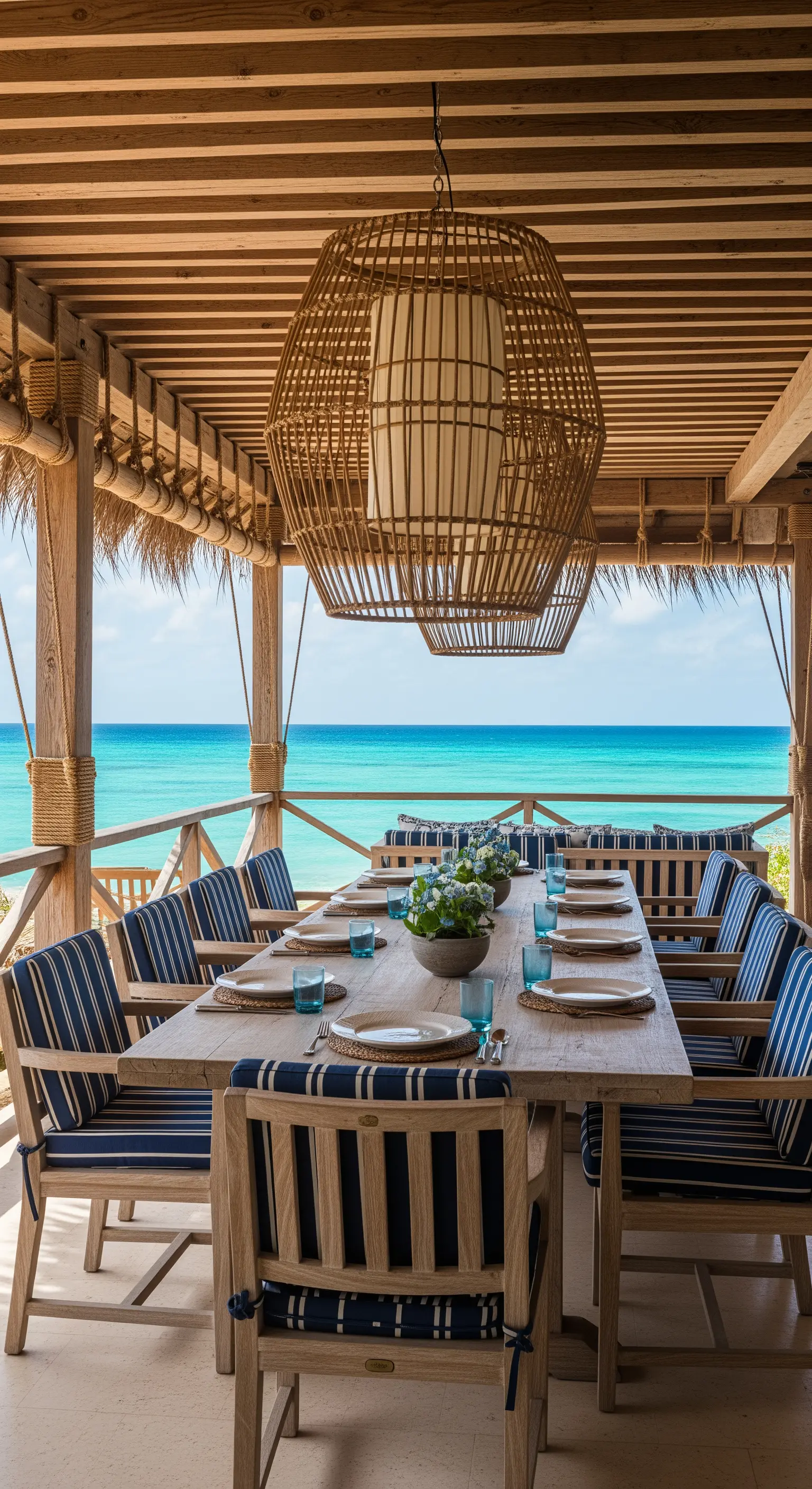 Überdachter Outdoor-Esstisch, Rattan-Leuchte, blau-weiß gestreifte Polster, Meerblick