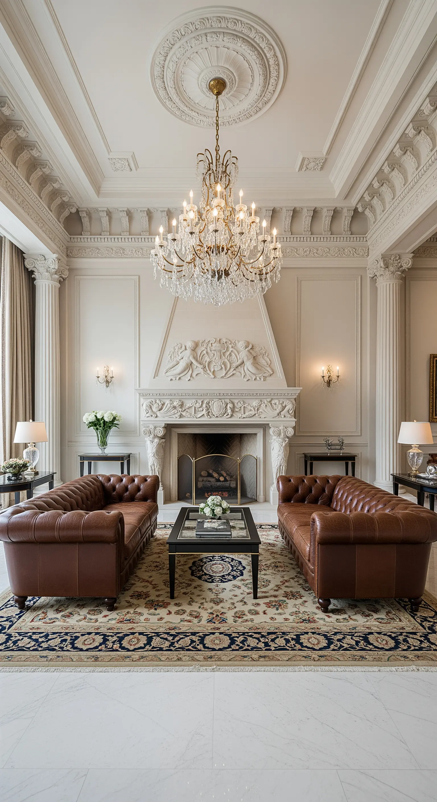 Opulentes neoklassizistisches Wohnzimmer mit Stuck, Kronleuchter und symmetrisch platzierten Ledersofas.