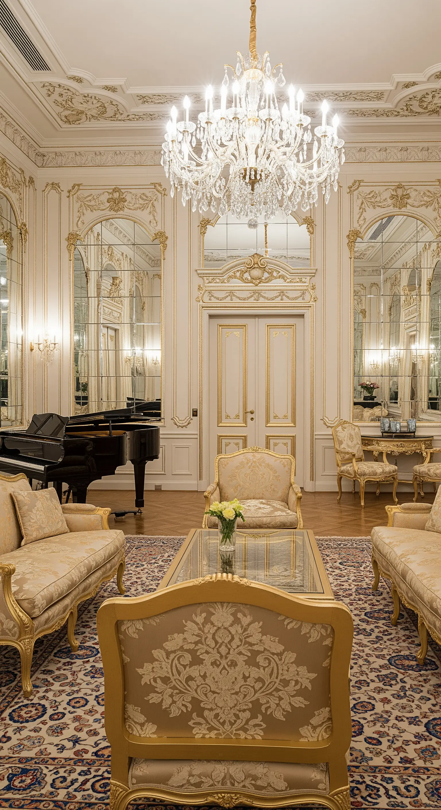 Prunkvoller Rokoko-Salon mit vergoldeten Möbeln, Stuck und hohen, gewölbten Spiegeln.