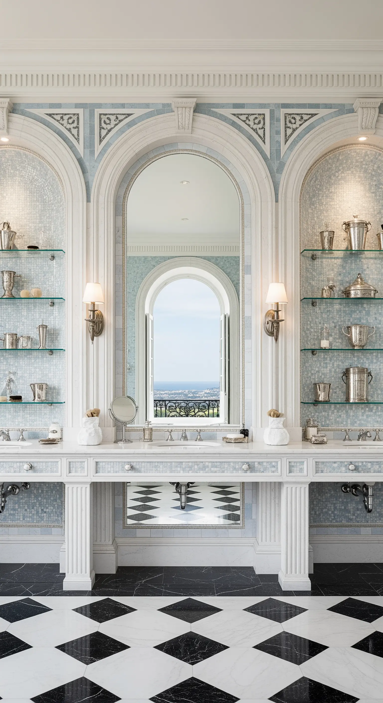 Prunkvolles Badezimmer mit großen Bogen-Nischen, Mosaikfliesen und Glasregalen.