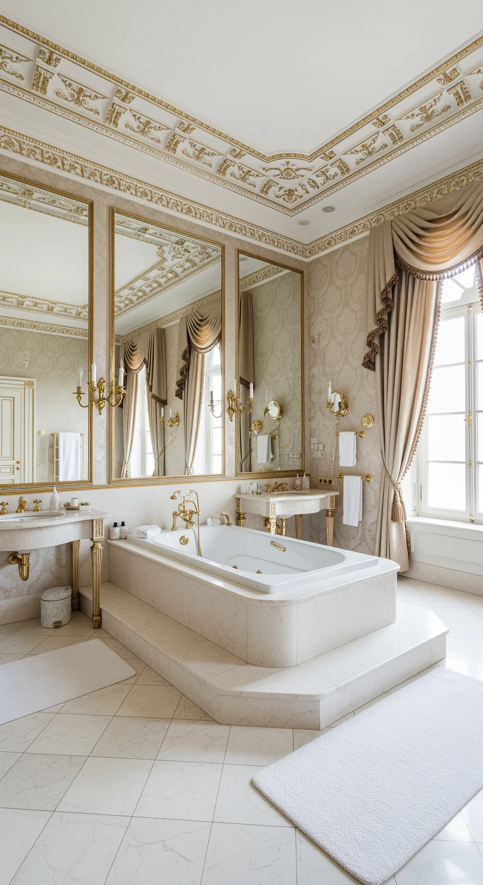 Prunkvolles Badezimmer mit Goldstuck, großen Spiegeln und einer eingelassenen Badewanne auf einem Podest.