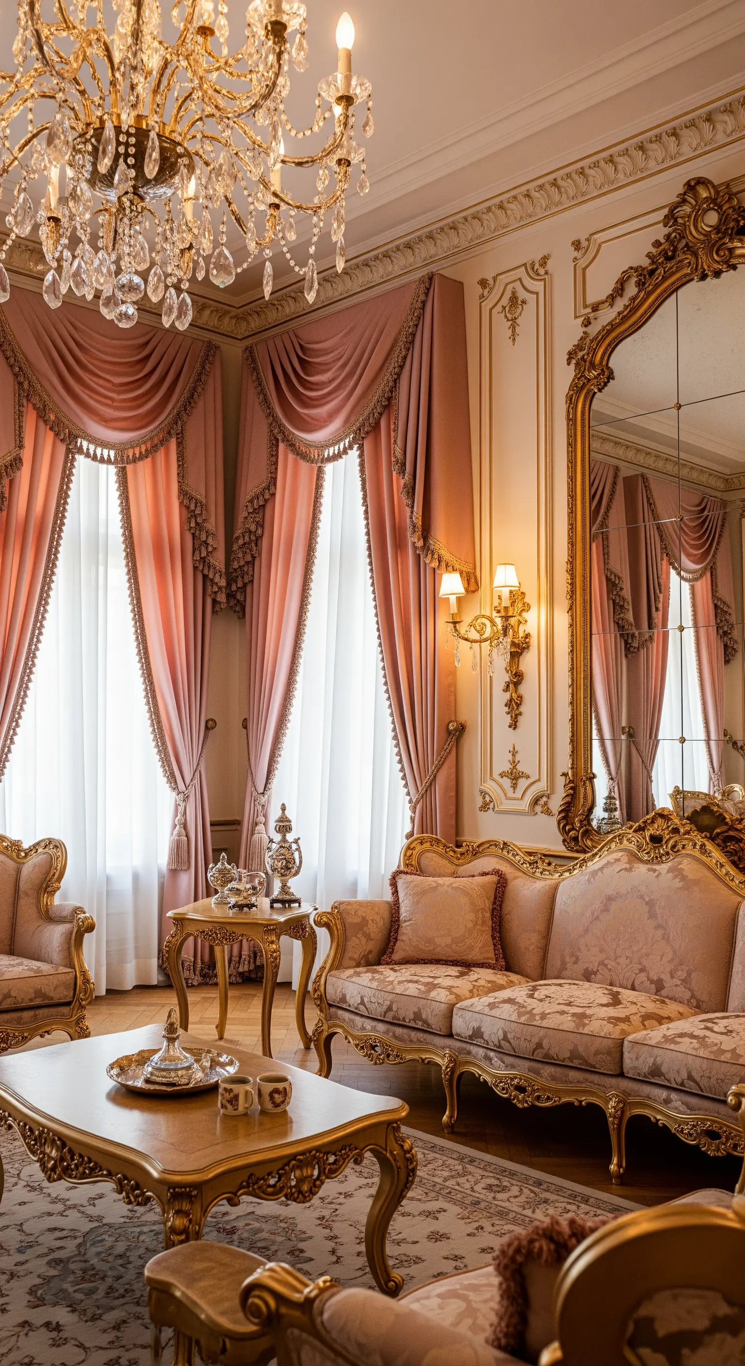 Opulentes Wohnzimmer im Barockstil mit rosa Seidenvorhängen und Goldverzierungen.