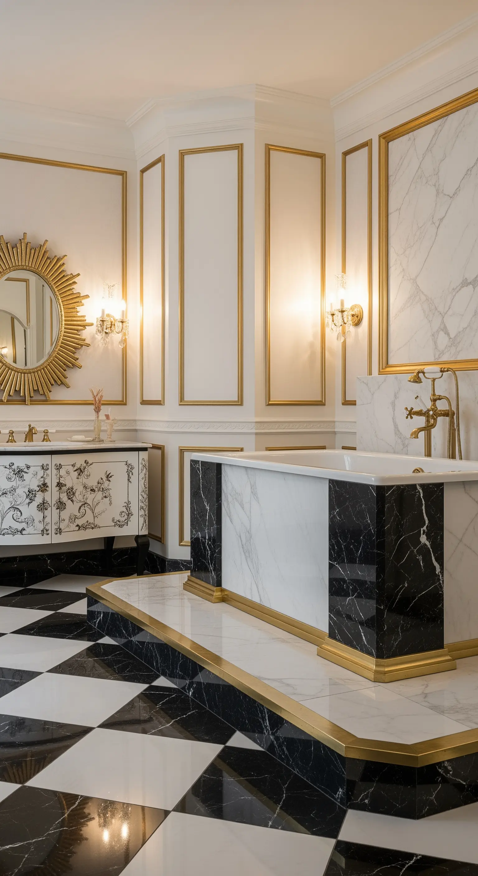 Opulentes Bad mit schwarz-weißem Marmor-Podest, Goldakzenten und Schachbrettboden