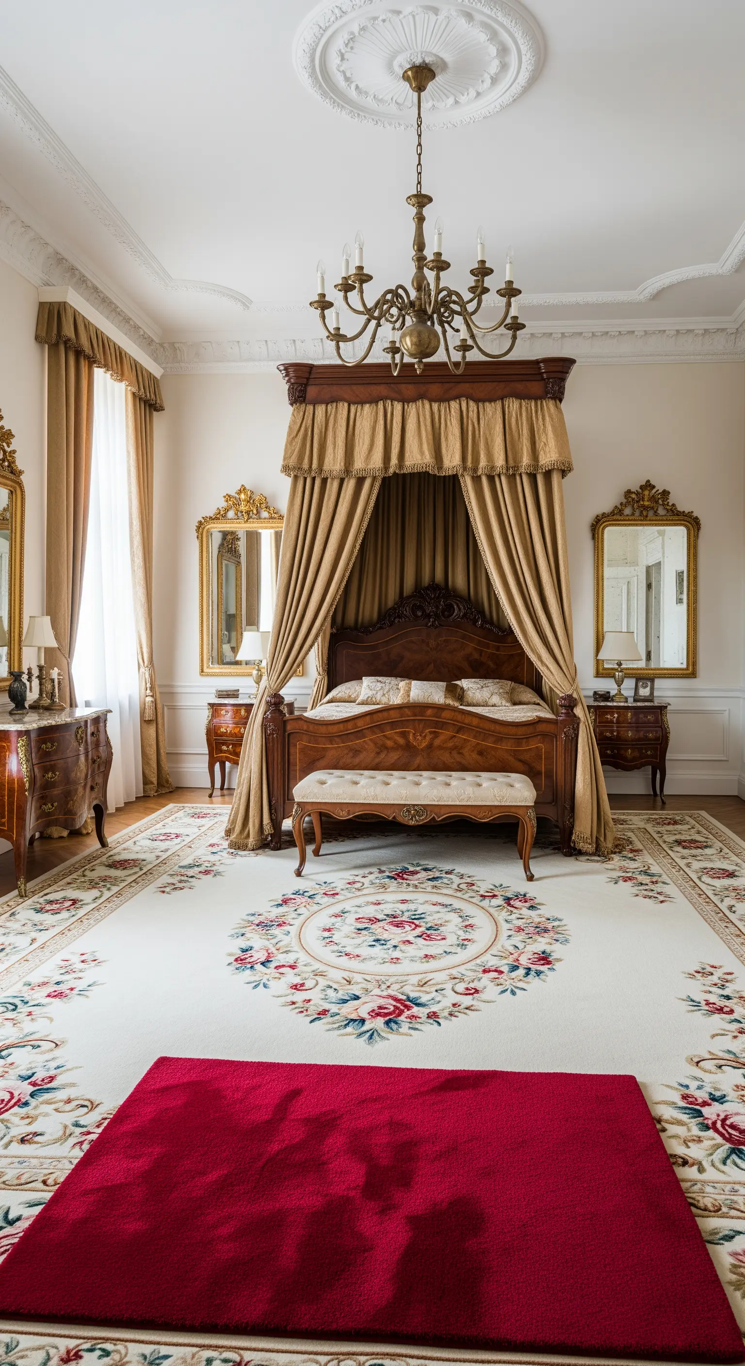 Opulentes historisches Schlafzimmer mit rotem Teppich auf einem großen floralen Teppich
