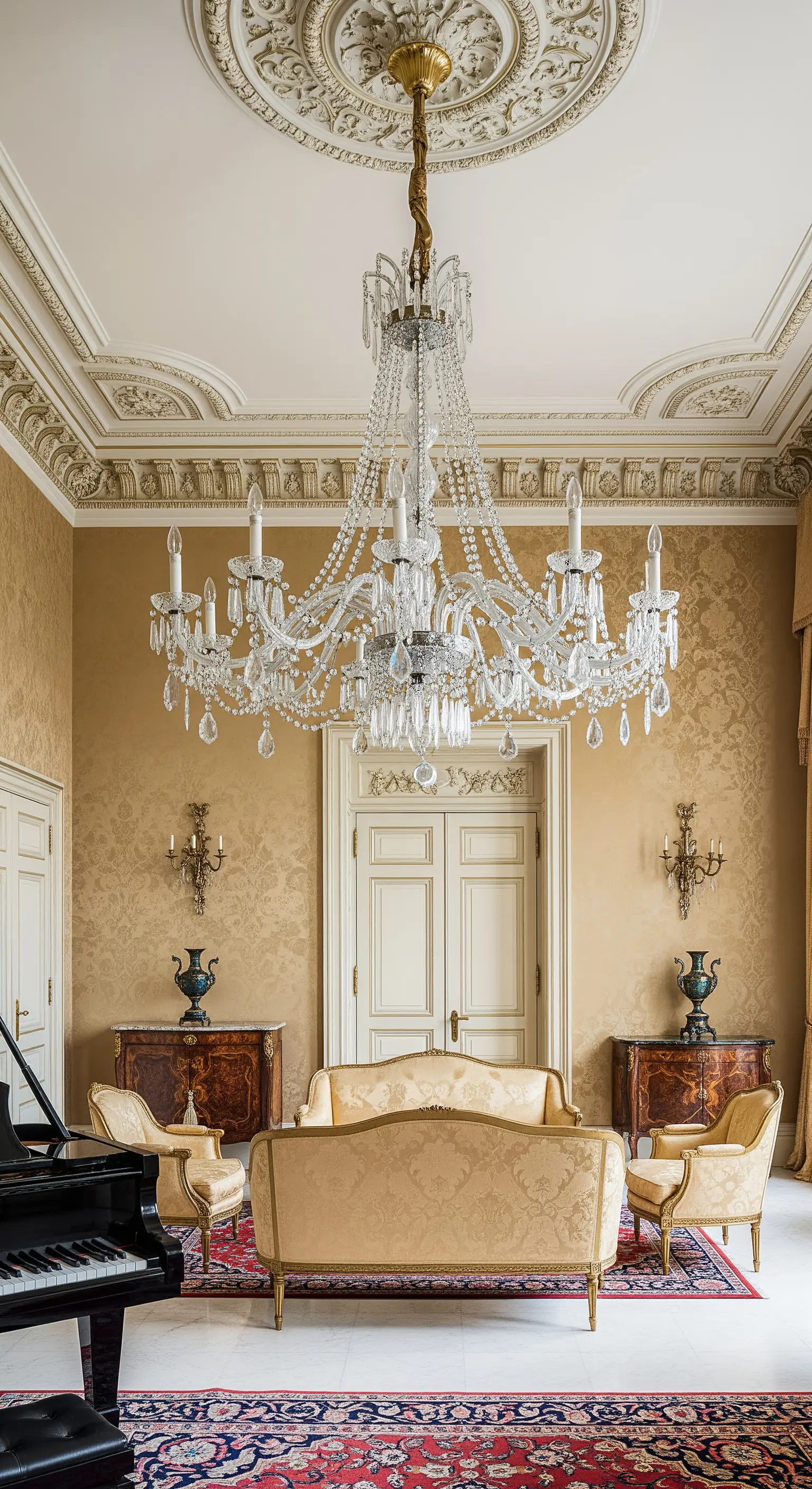 Prächtiger, mehrstufiger Kristallkronleuchter im Barockstil in einem goldenen, opulenten Salon.