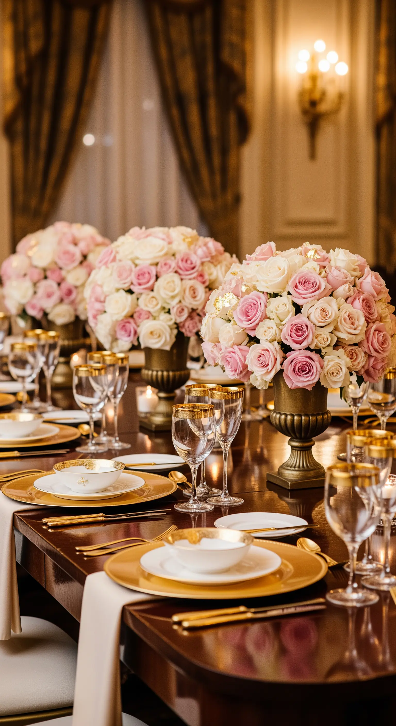 Luxuriöse Tischdeko mit rosa-weißen Rosen in goldenen Pokalen.
