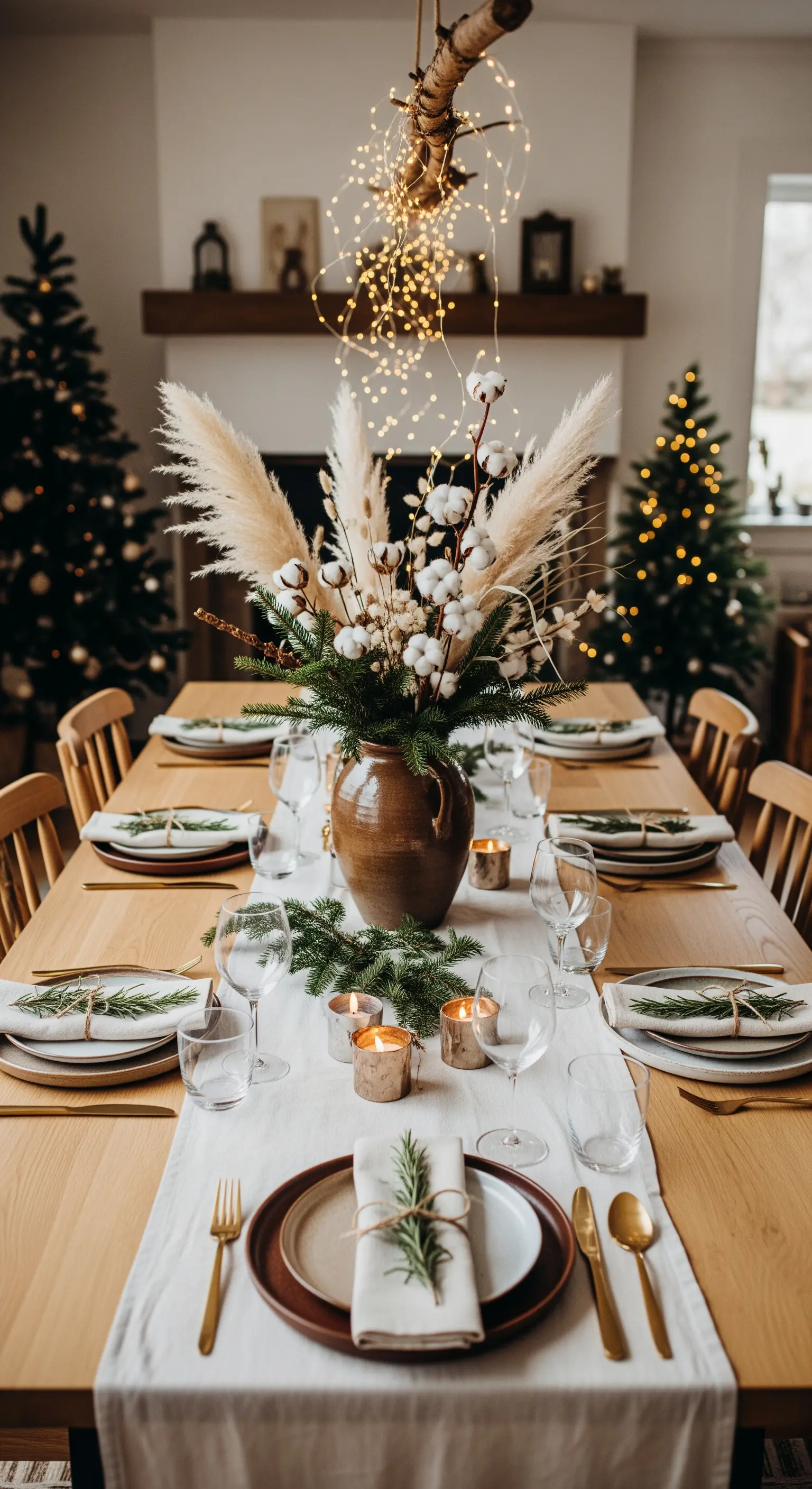 Festliche Boho-Tischdeko mit Pampasgras, Baumwollzweigen und Lichterketten