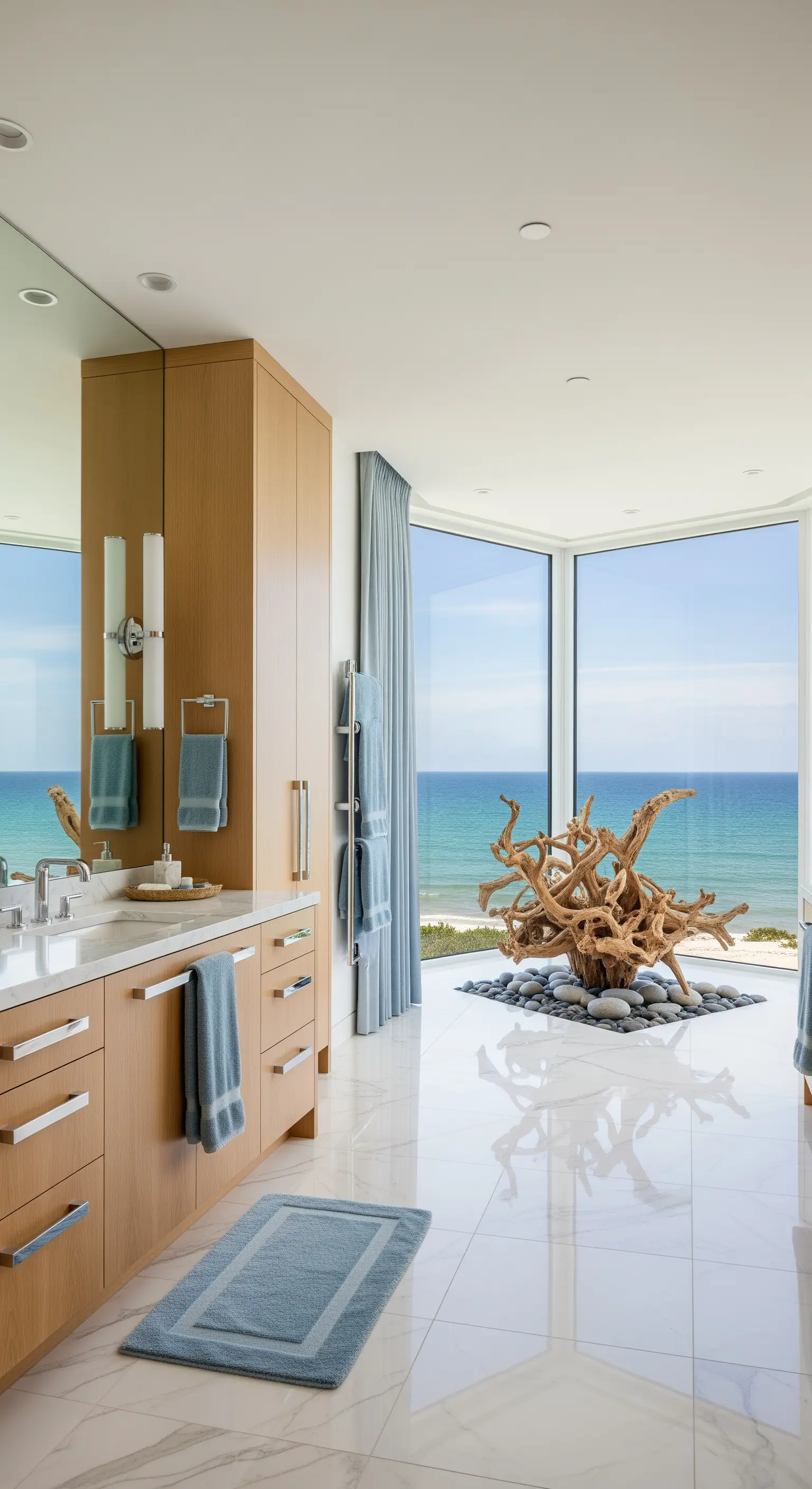 Modernes Badezimmer mit Meerblick, Treibholz-Skulptur auf Kieselsteinen und hellem Holzwaschtisch.