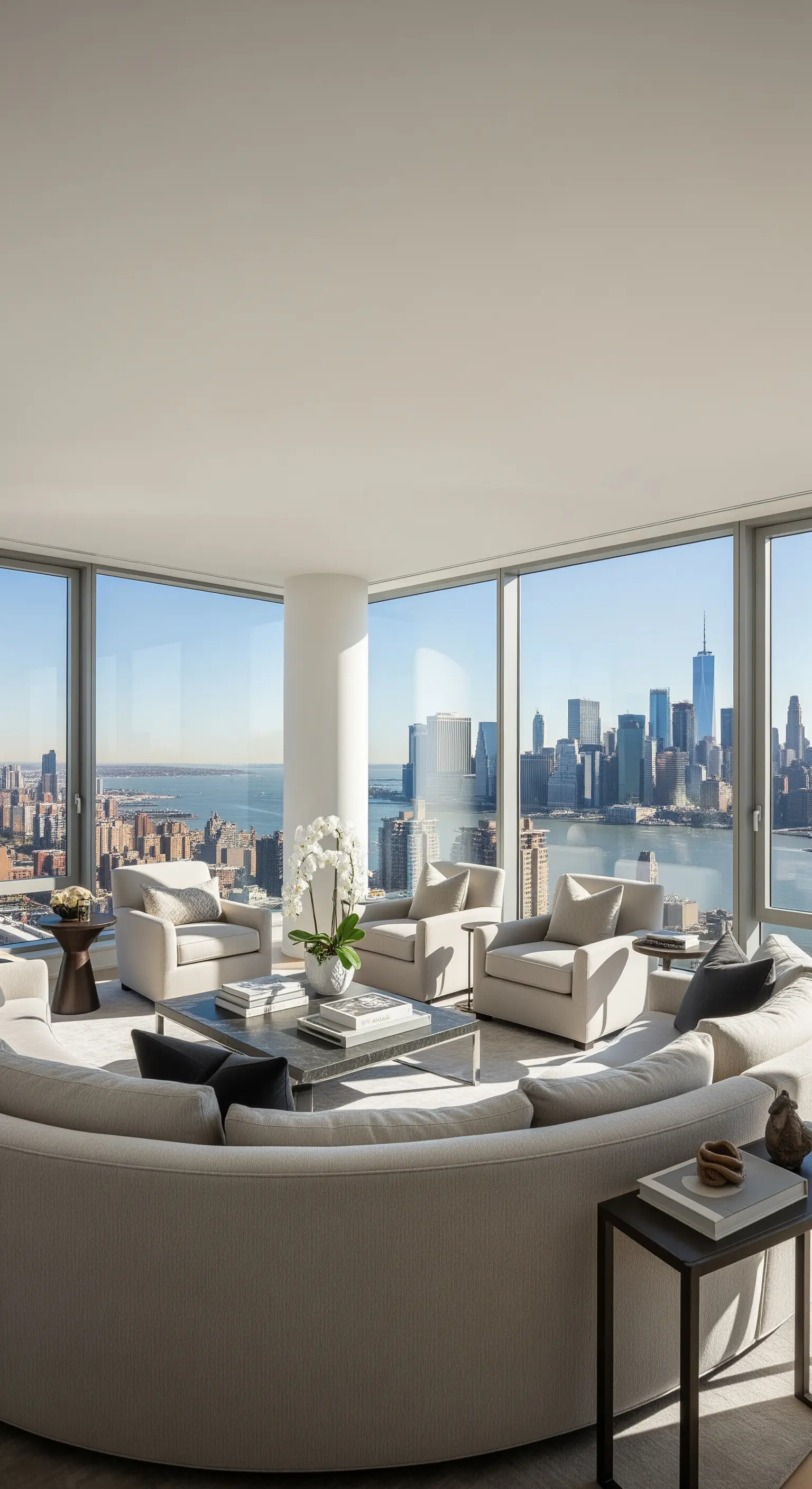 Modernes Wohnzimmer mit einem großen, geschwungenen Sofa vor Panoramafenstern.