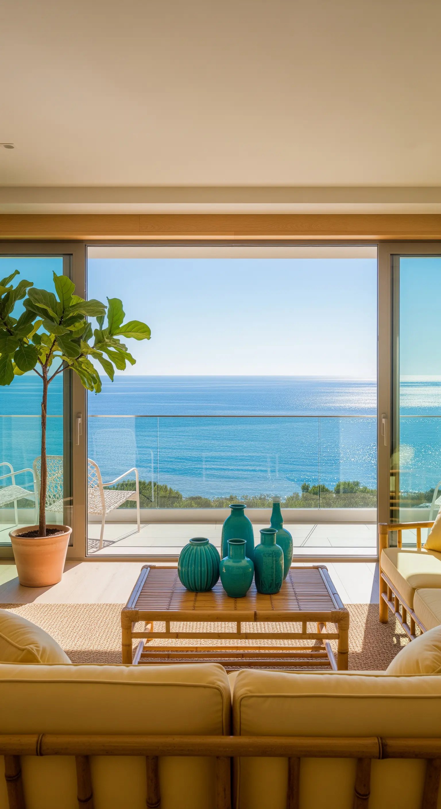Wohnzimmer mit Meerblick, minimalistischem gelbem Sofa und Teel-Vasen.