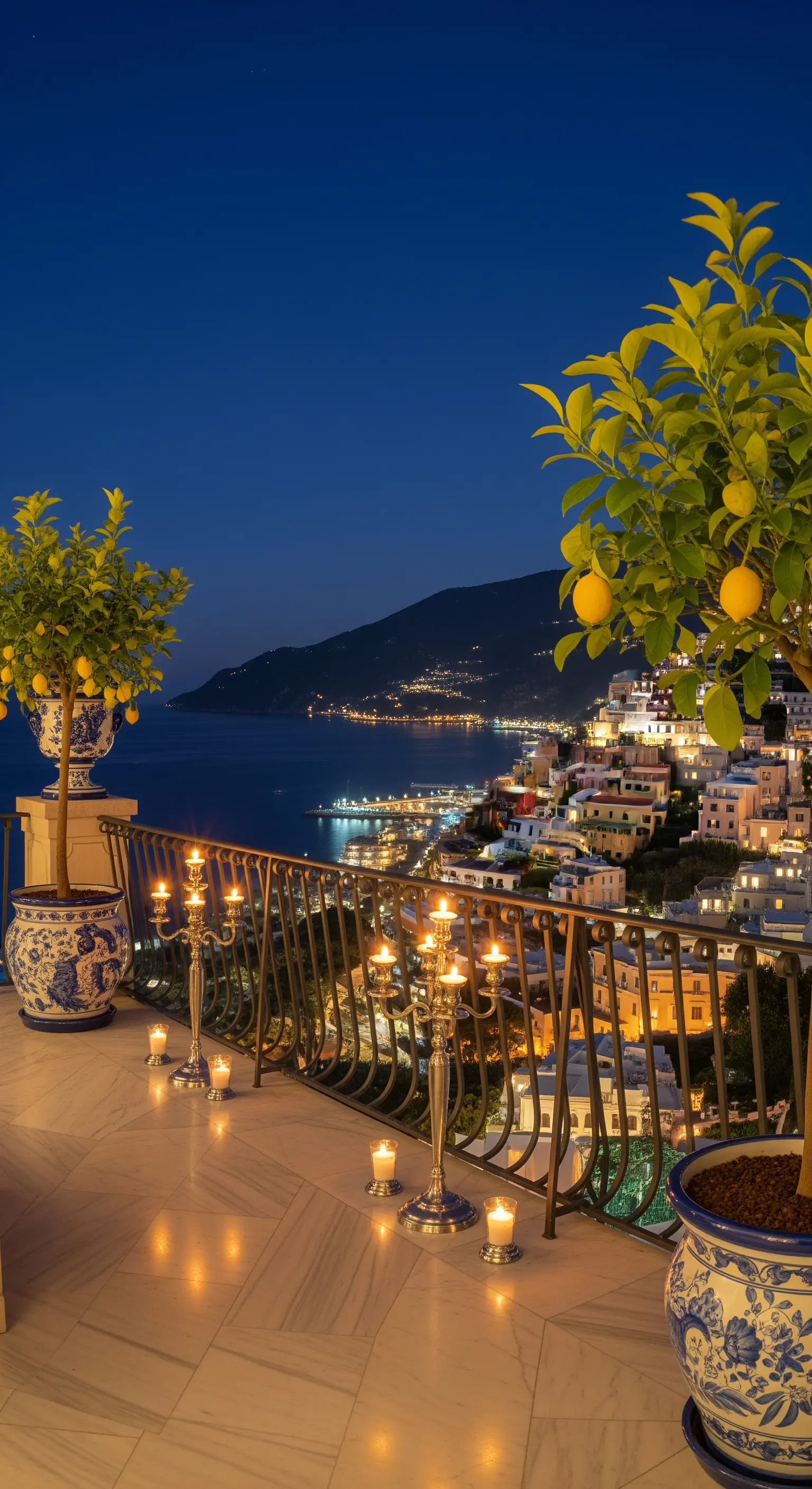 Balkon mit Meerblick, Zitronenbäumen in Keramiktöpfen und eleganten Kerzenleuchtern