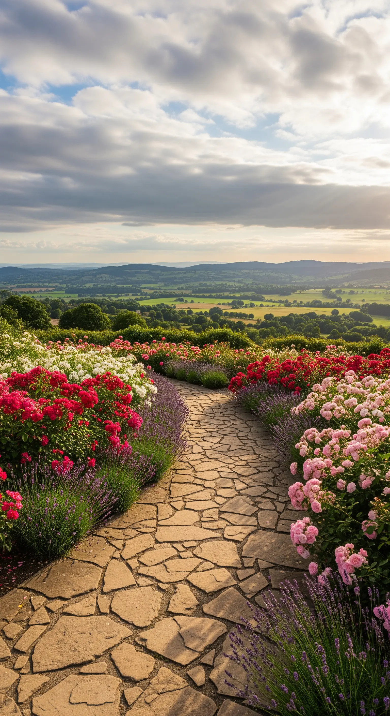 Geschwungener Natursteinpfad mit Lavendel und bunten Rosenfeldern, Panoramablick