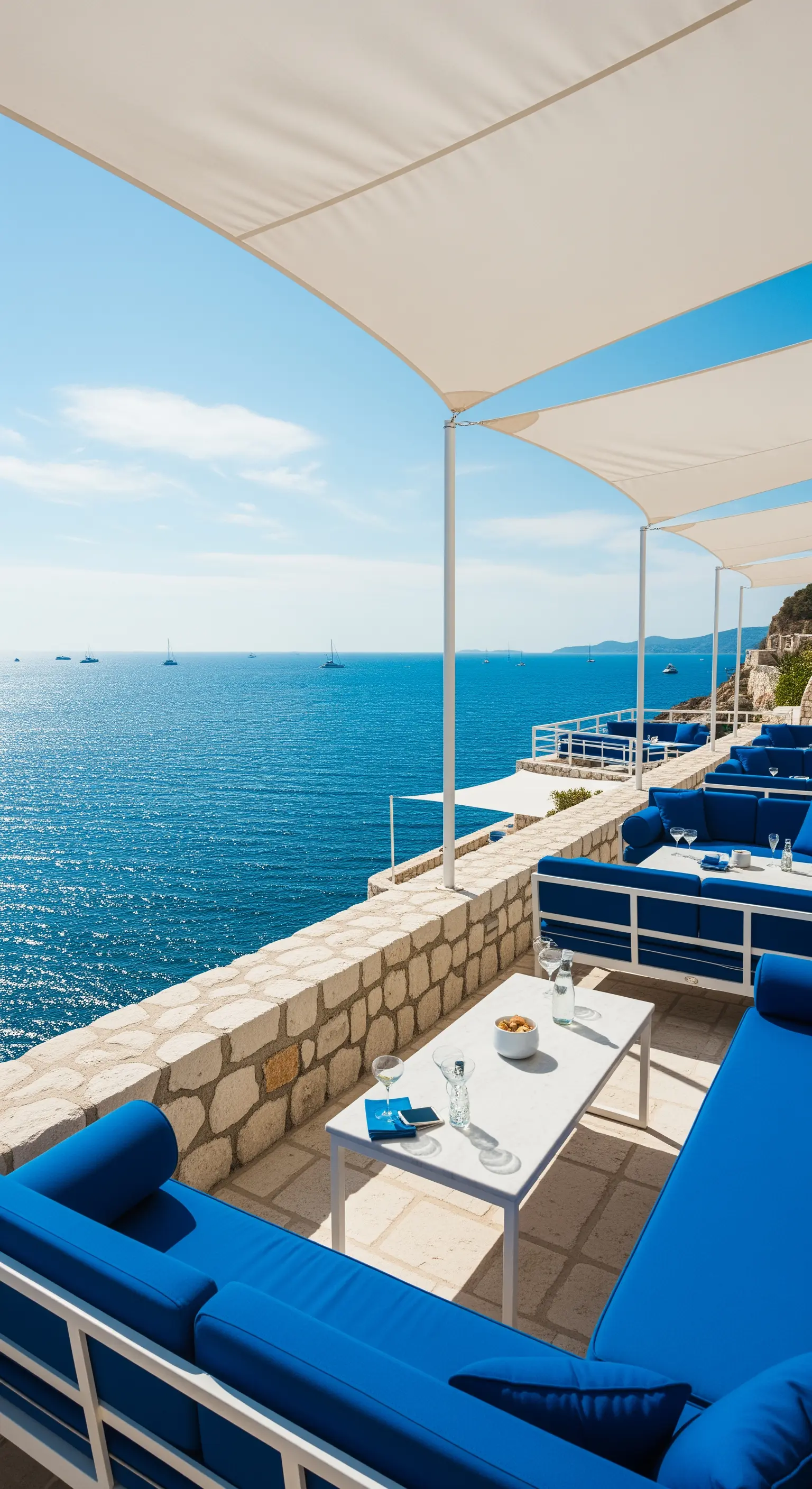 Terrasse mit königsblauen Loungemöbeln, Sonnensegeln und Meerblick