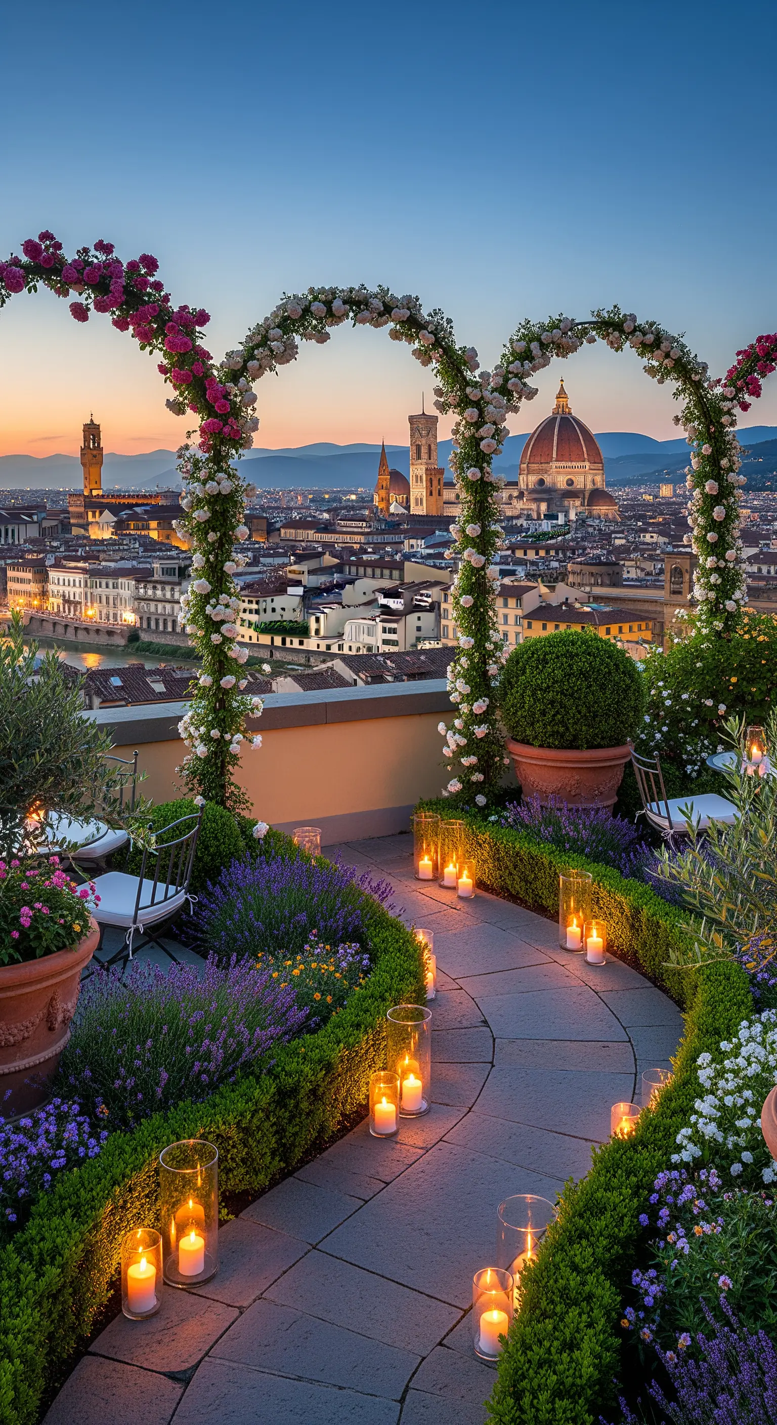 Dachterrasse mit Rosenbögen, Lavendel, Kerzenpfad und Panoramablick auf Florenz bei Sonnenuntergang