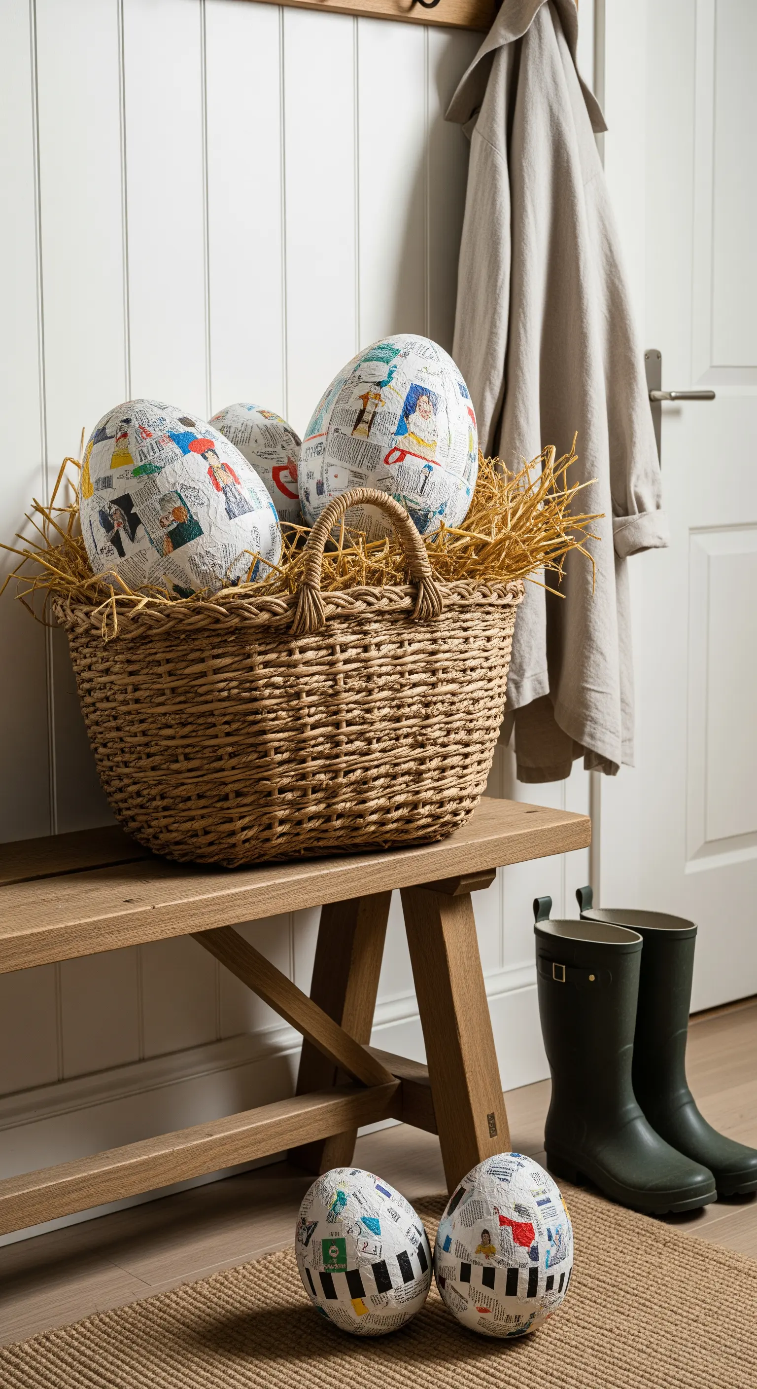 Eingangsbereich mit Holzbank, Weidenkorb mit Papier-Ostereiern und Gummistiefeln