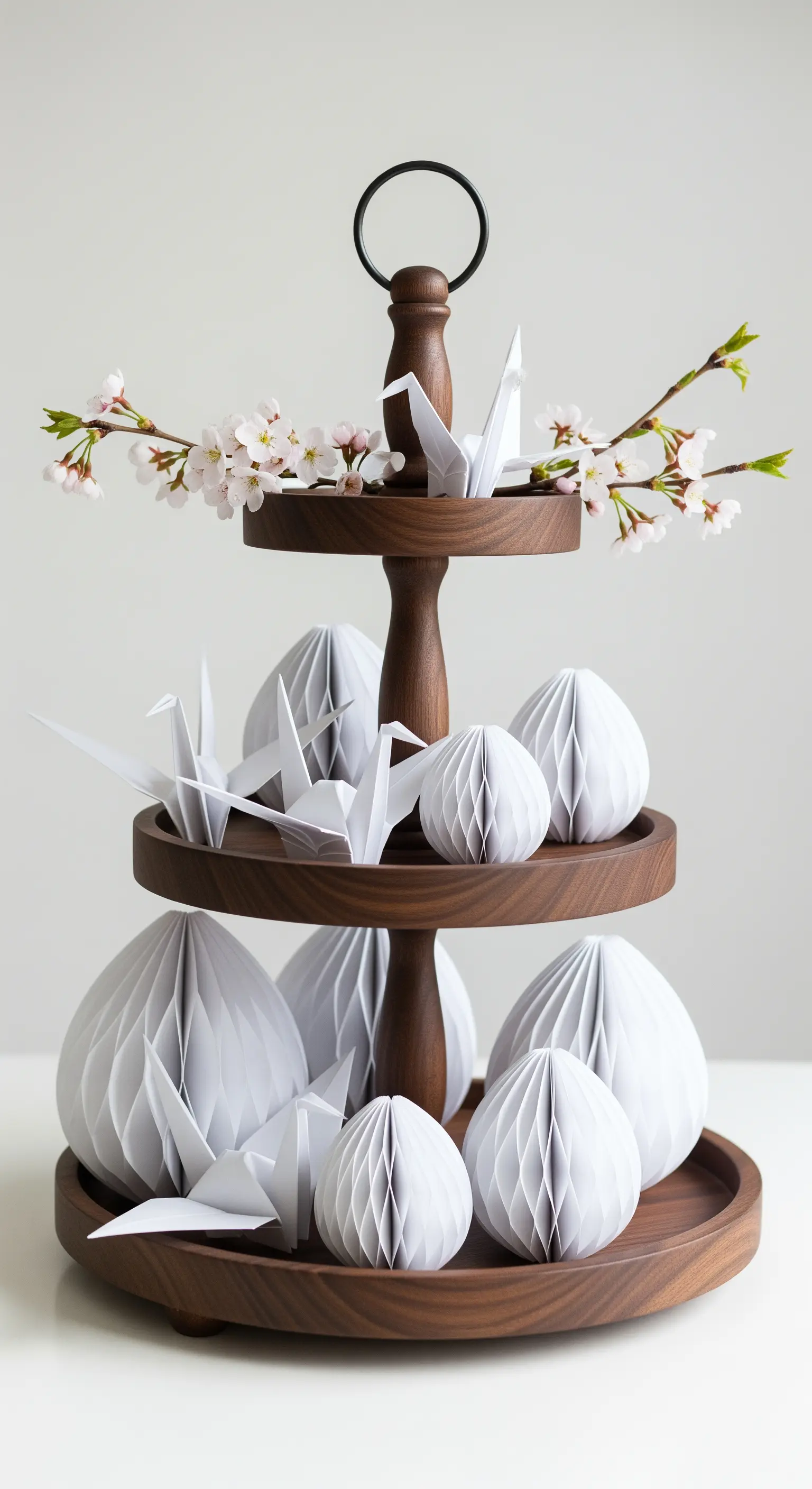 Dunkle Holz-Etagere mit Origami-Papierkunst und Zweigen