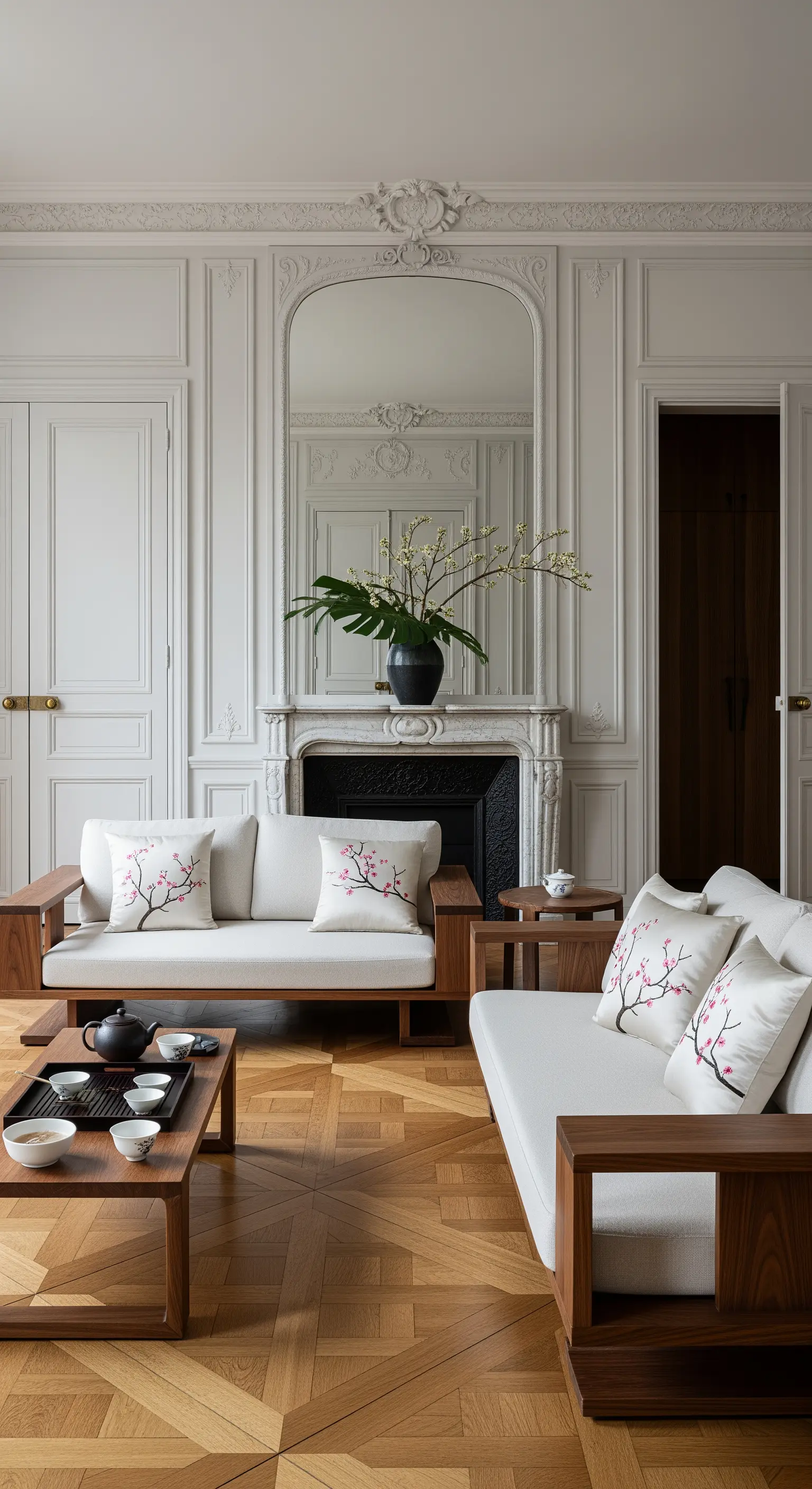 Pariser Apartment mit minimalistischen Holzmöbeln im Japandi-Stil und Stuckdetails.