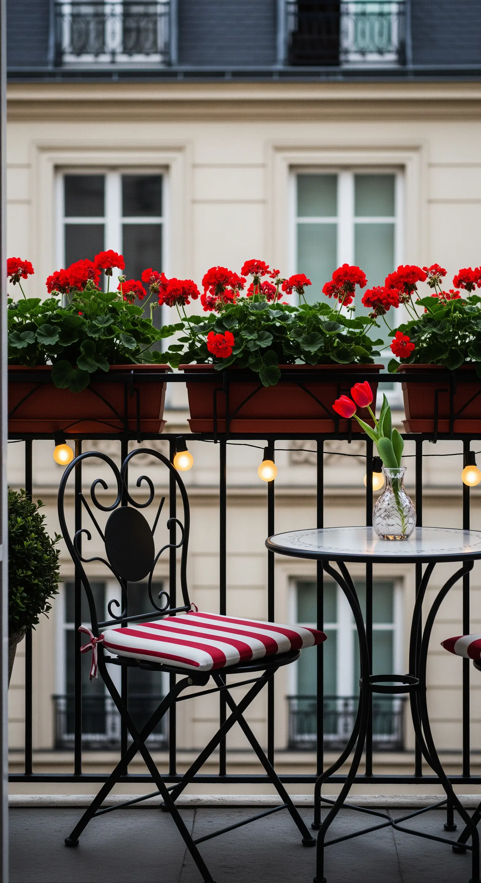 Kleiner Balkon mit schwarzen Bistromöbeln, roten Blumen und einer Lichterkette.