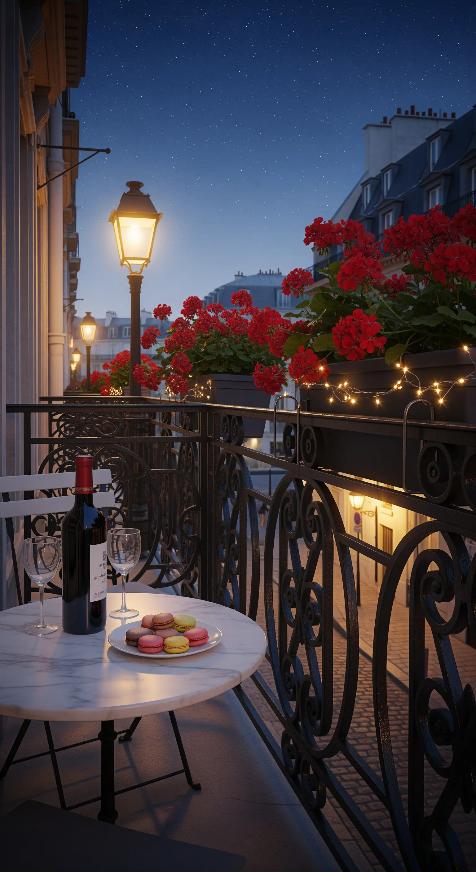 Pariser Balkon mit Bistrotisch, Rotwein, Macarons und roter Blumenpracht.