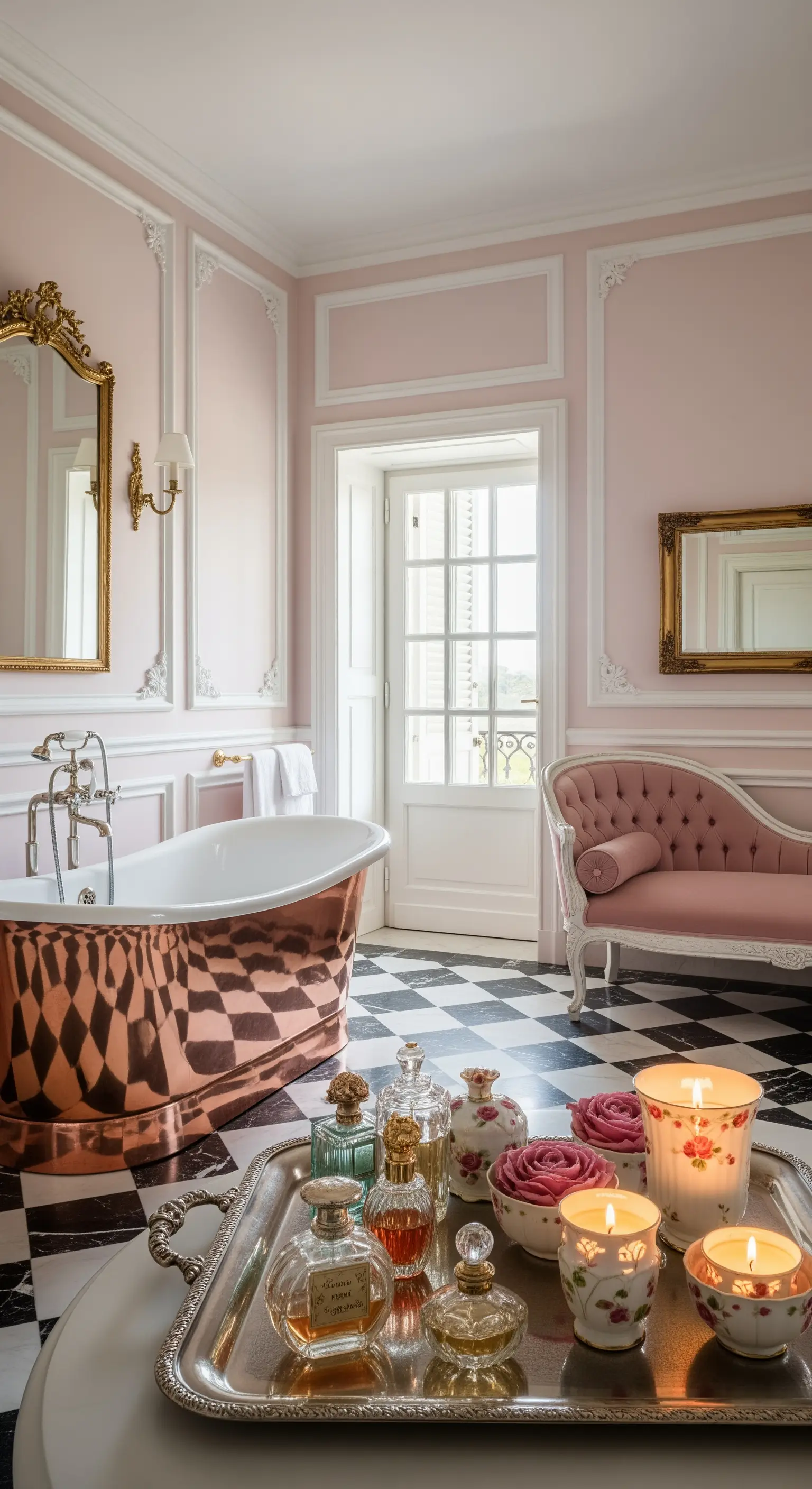 Romantisches Bad mit rosa Wänden, freistehender Kupferwanne und Parfüm-Tablett.
