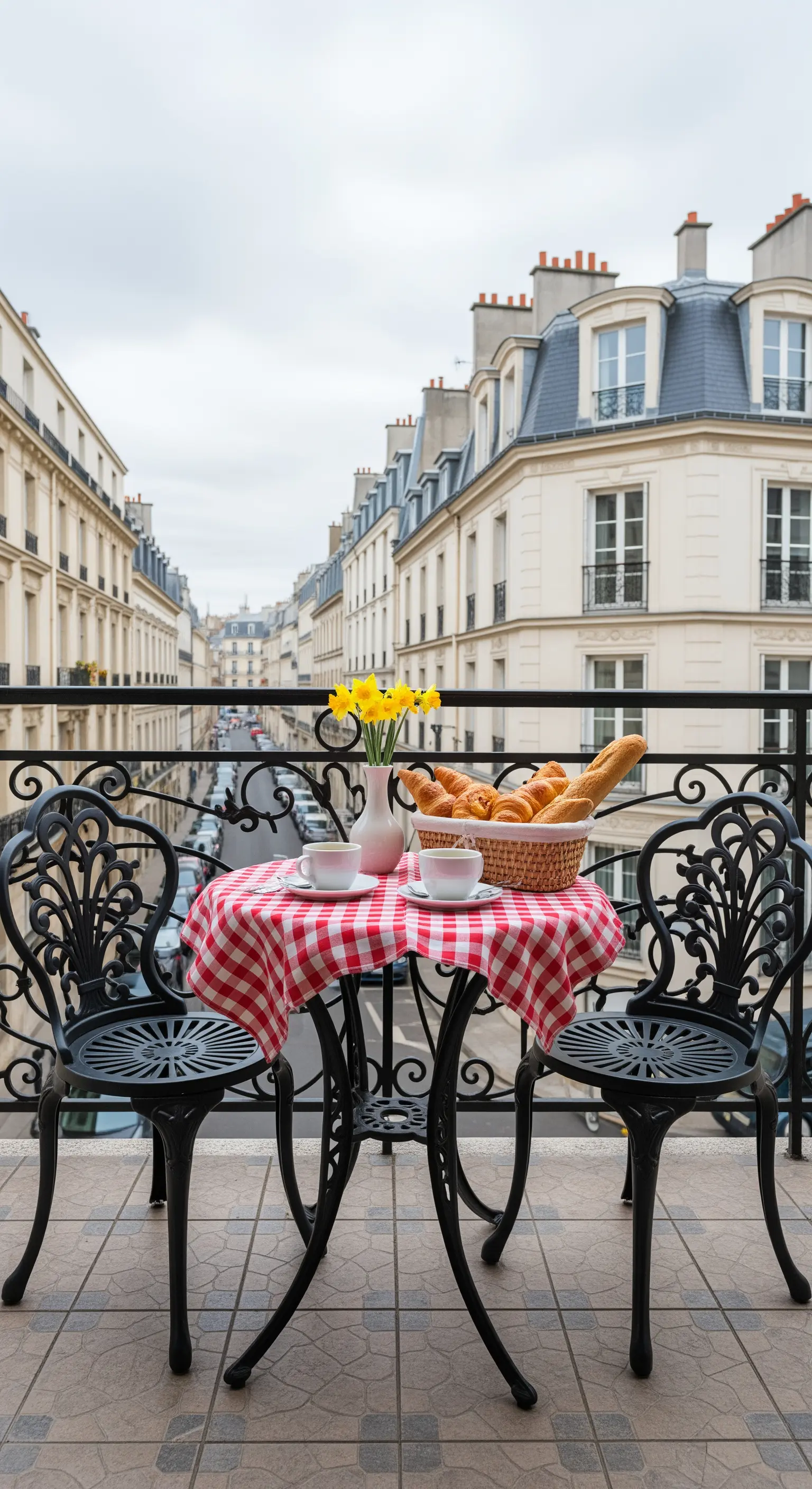 Typischer Pariser Balkon mit schmiedeeisernen Möbeln und rot-weiß karierter Tischdecke.