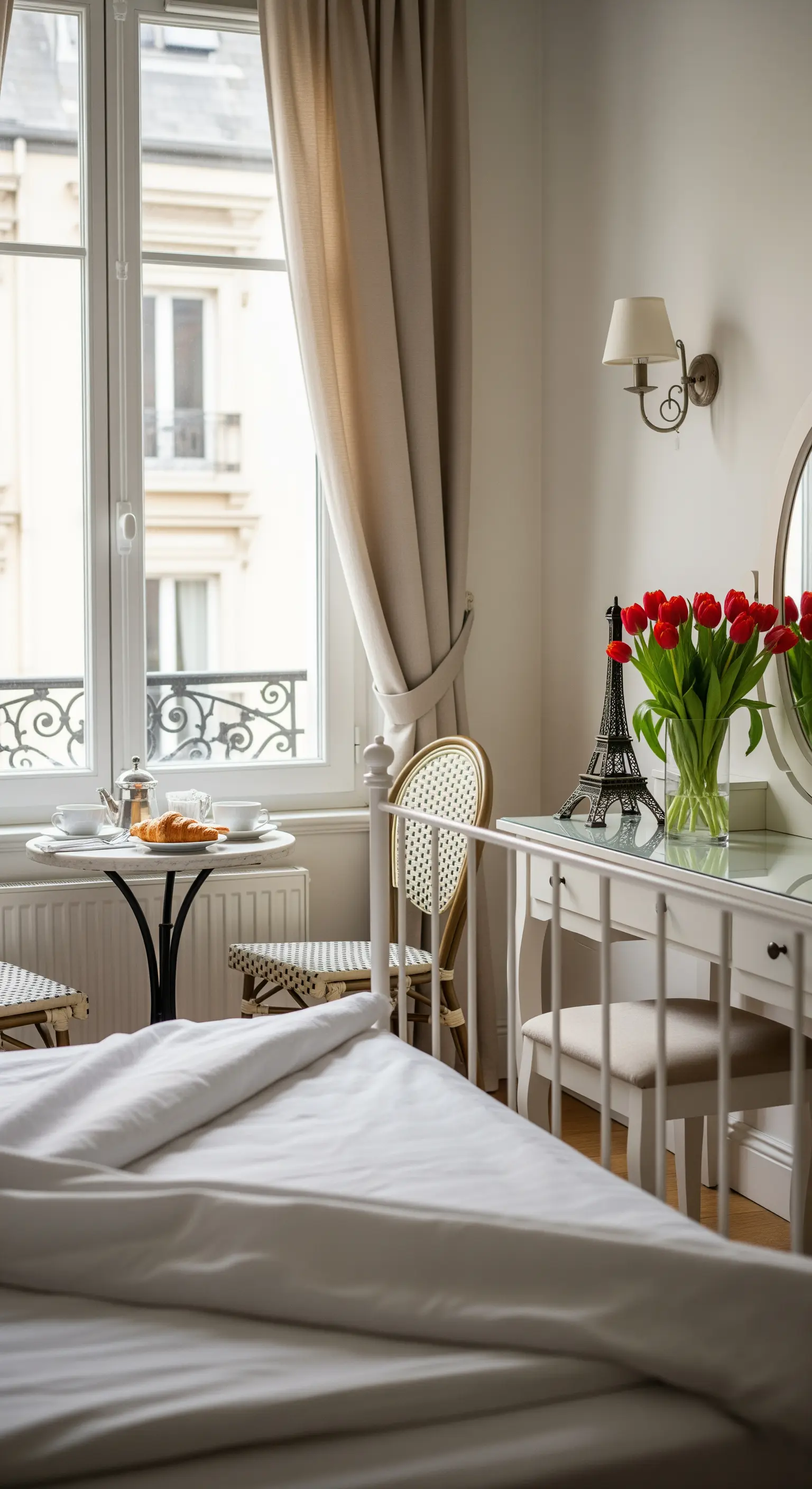 Pariser Schlafzimmer mit Balkonblick, Bistro-Tisch und frischen Tulpen