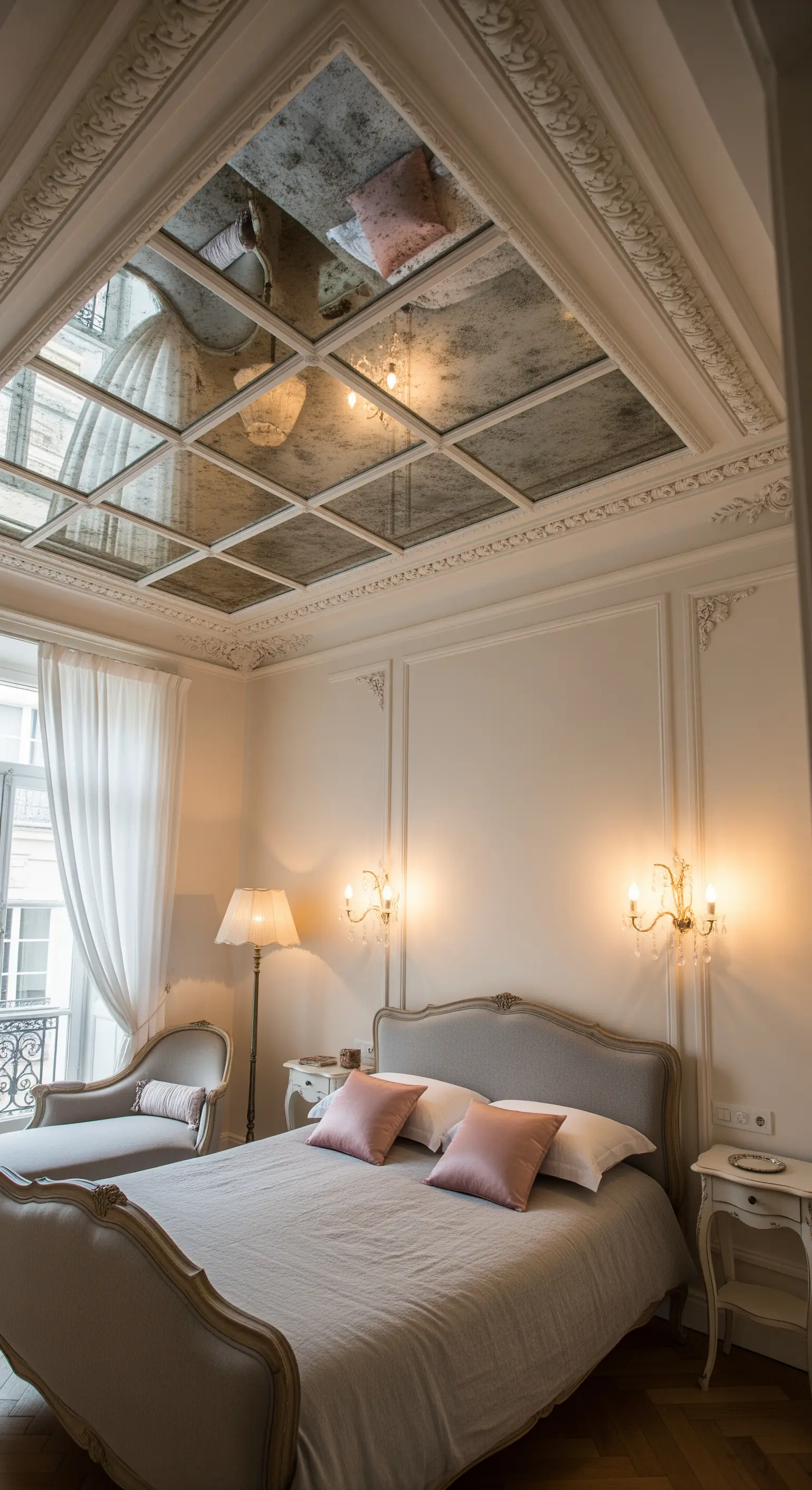 Elegantes Pariser Schlafzimmer mit einer Kassettendecke aus Antikspiegeln und klassischen Möbeln.
