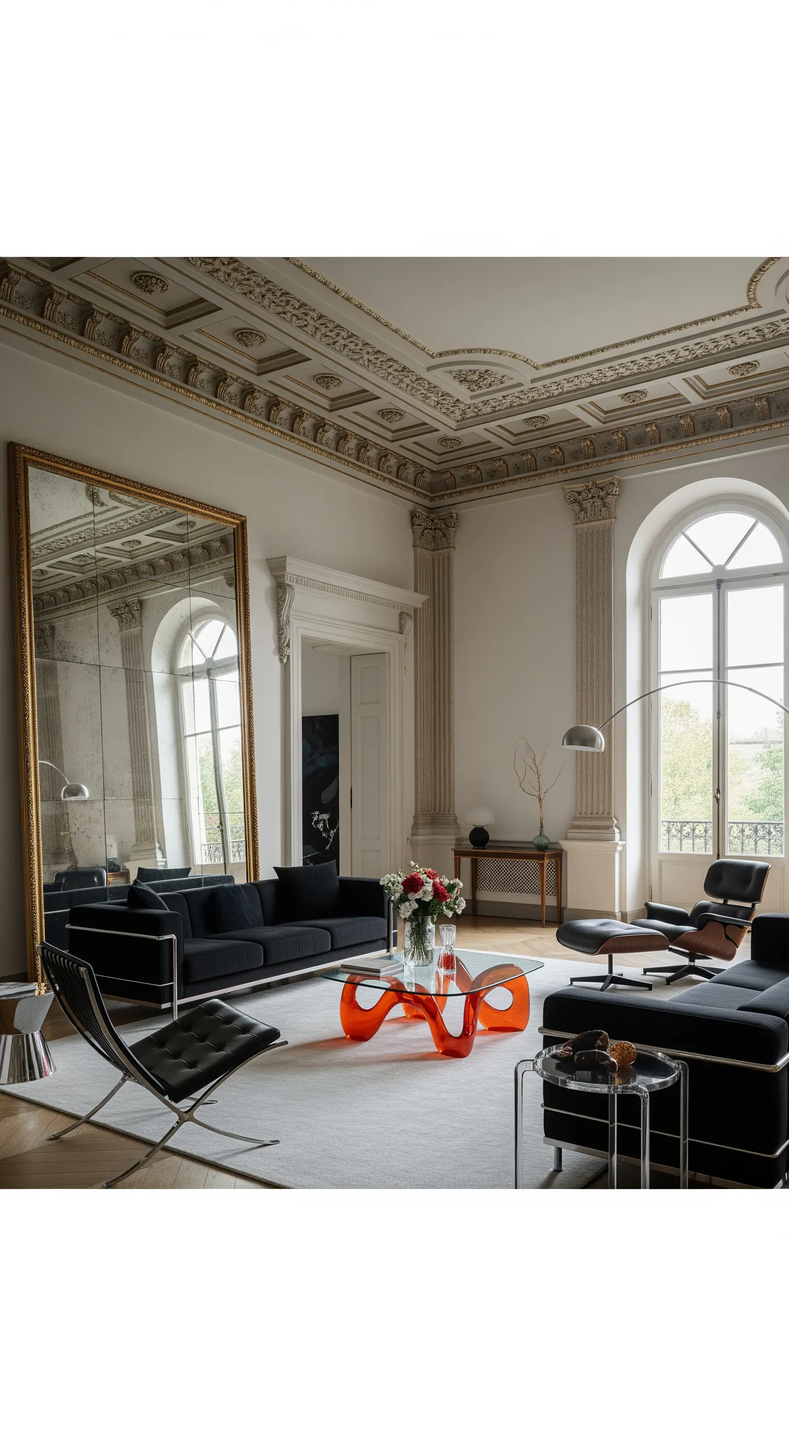 Pariser Altbau-Wohnzimmer mit Stuckdecke, großem Goldspiegel und modernen Designermöbeln.