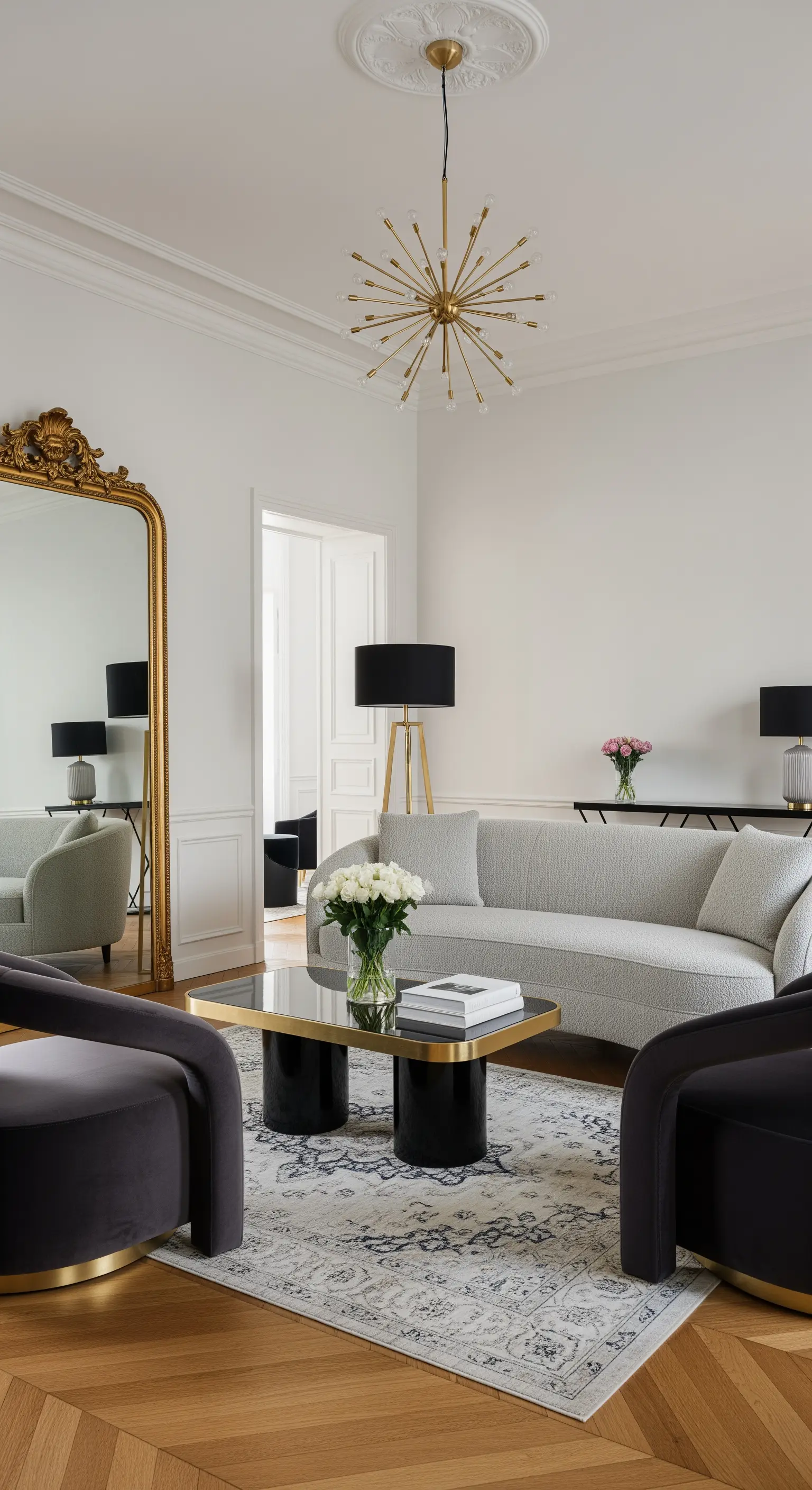 Altbau-Wohnzimmer mit Goldspiegel, modernem Sofa und Sputnik-Kronleuchter.