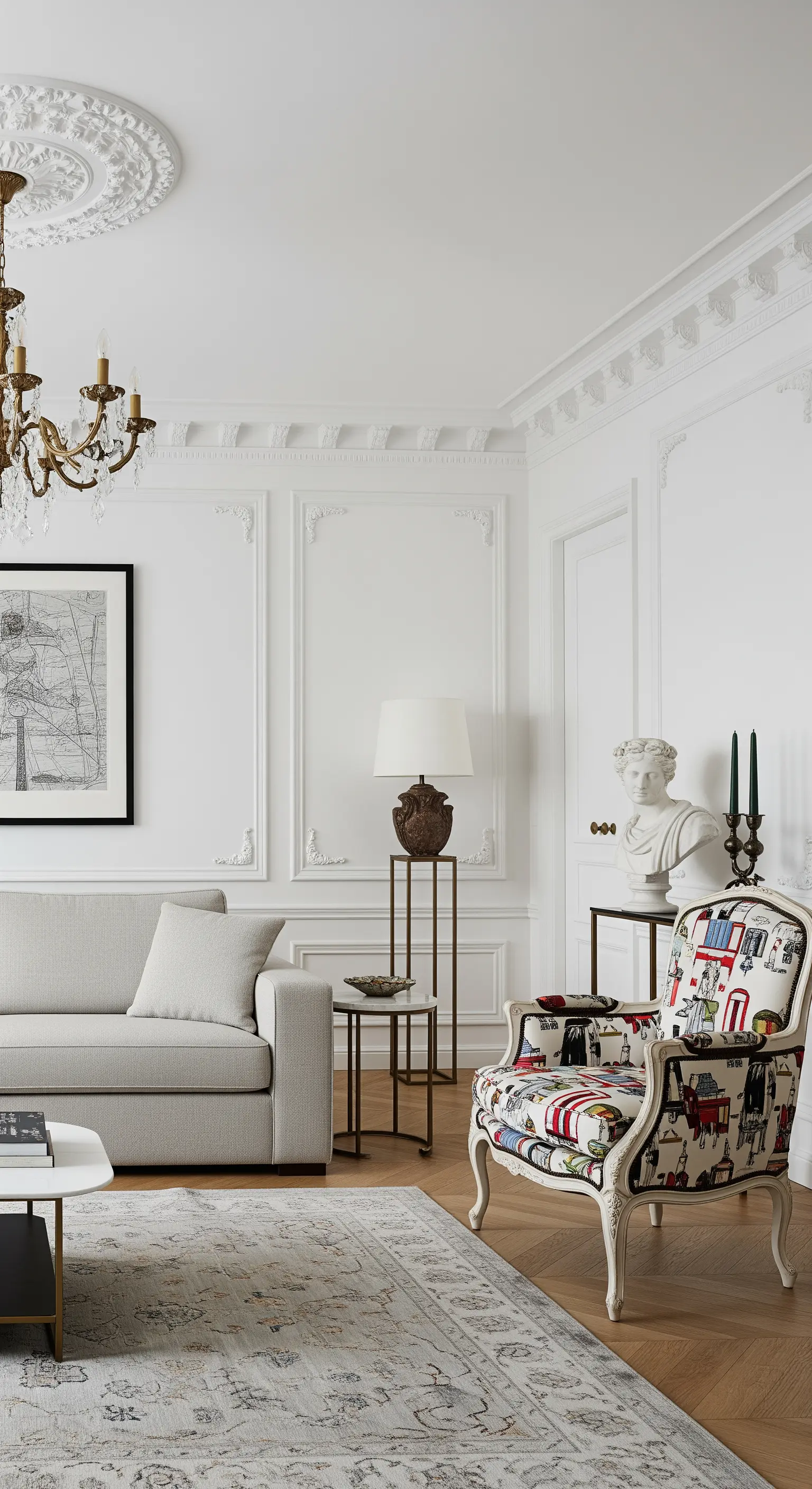 Klassisches Wohnzimmer mit Stuck an der Decke, modernen Möbeln und einem antiken Sessel.