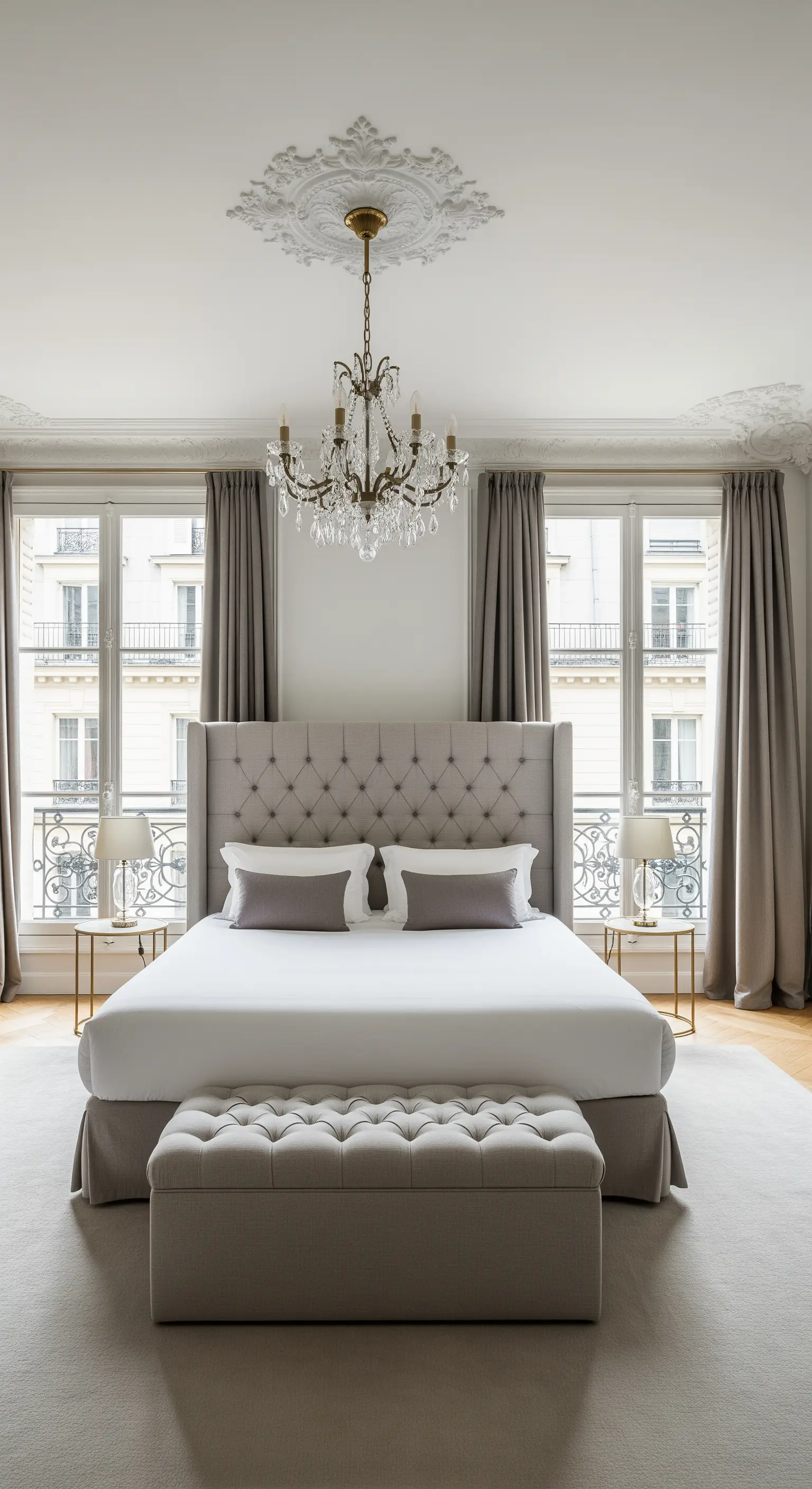 Hohes, graues Chesterfield-Bett in einem eleganten Pariser Schlafzimmer